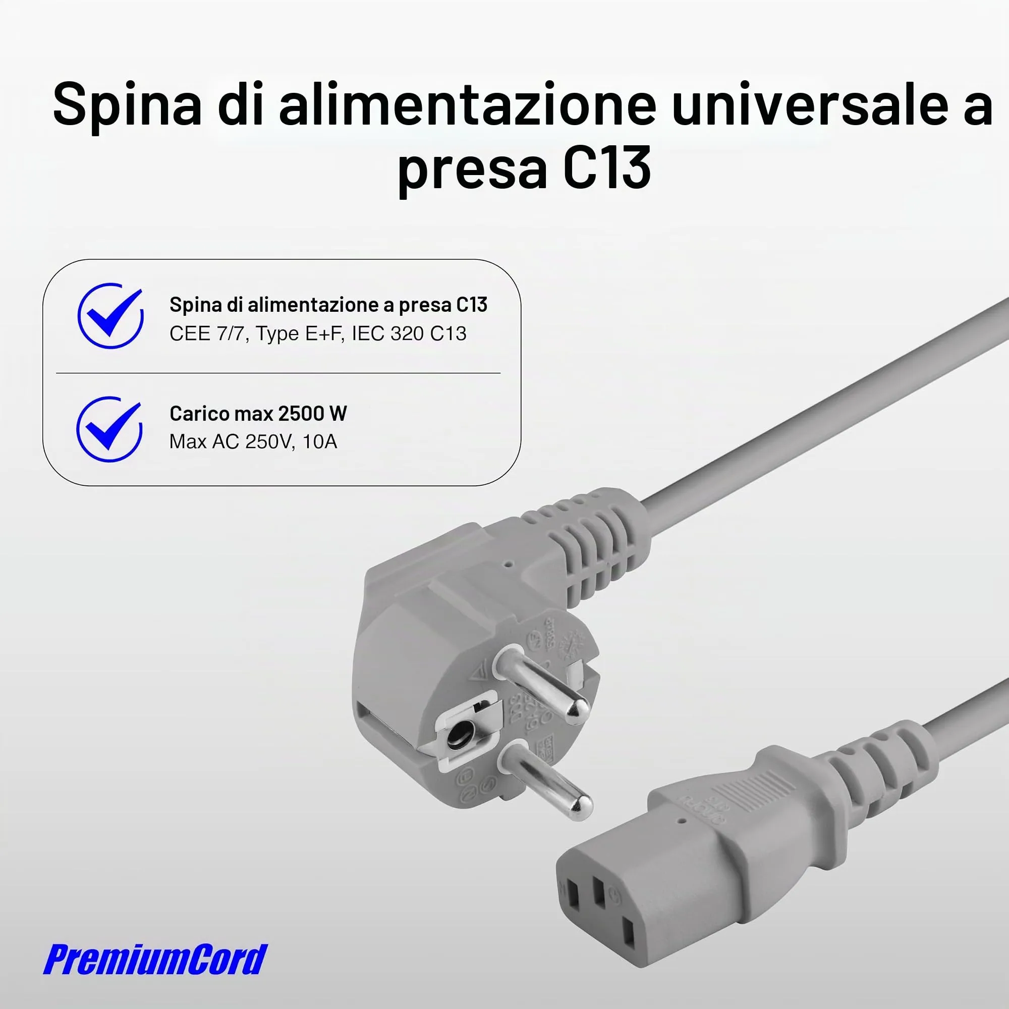 PremiumCord KPSP2G Cavo di alimentazione IEC C13 Schuko, 2 m, Grigio - immagine 5