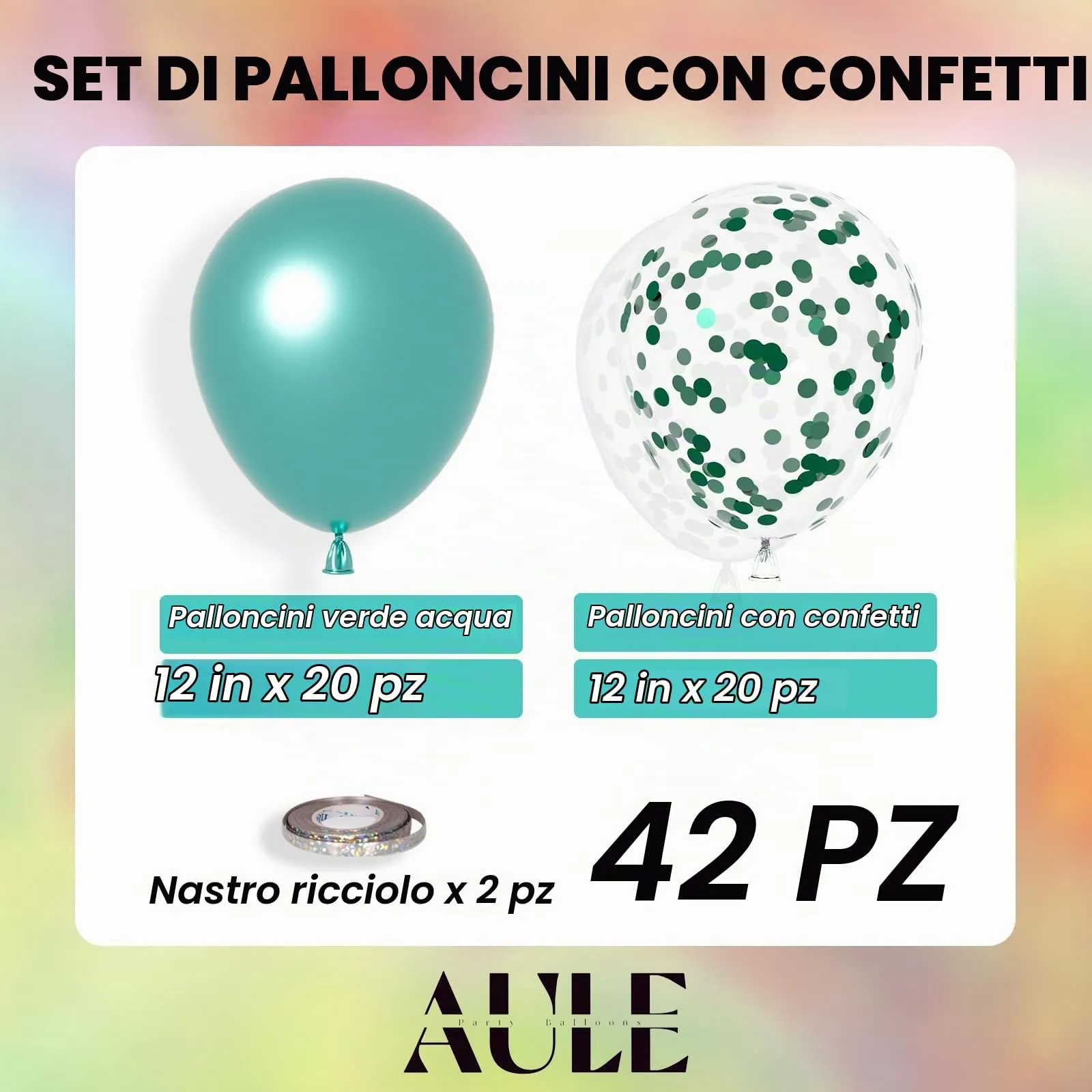 AULE Palloncini Metallizzati Verde Acqua e Turchese con Coriandoli, 42 Pezzi, 30cm - immagine 3