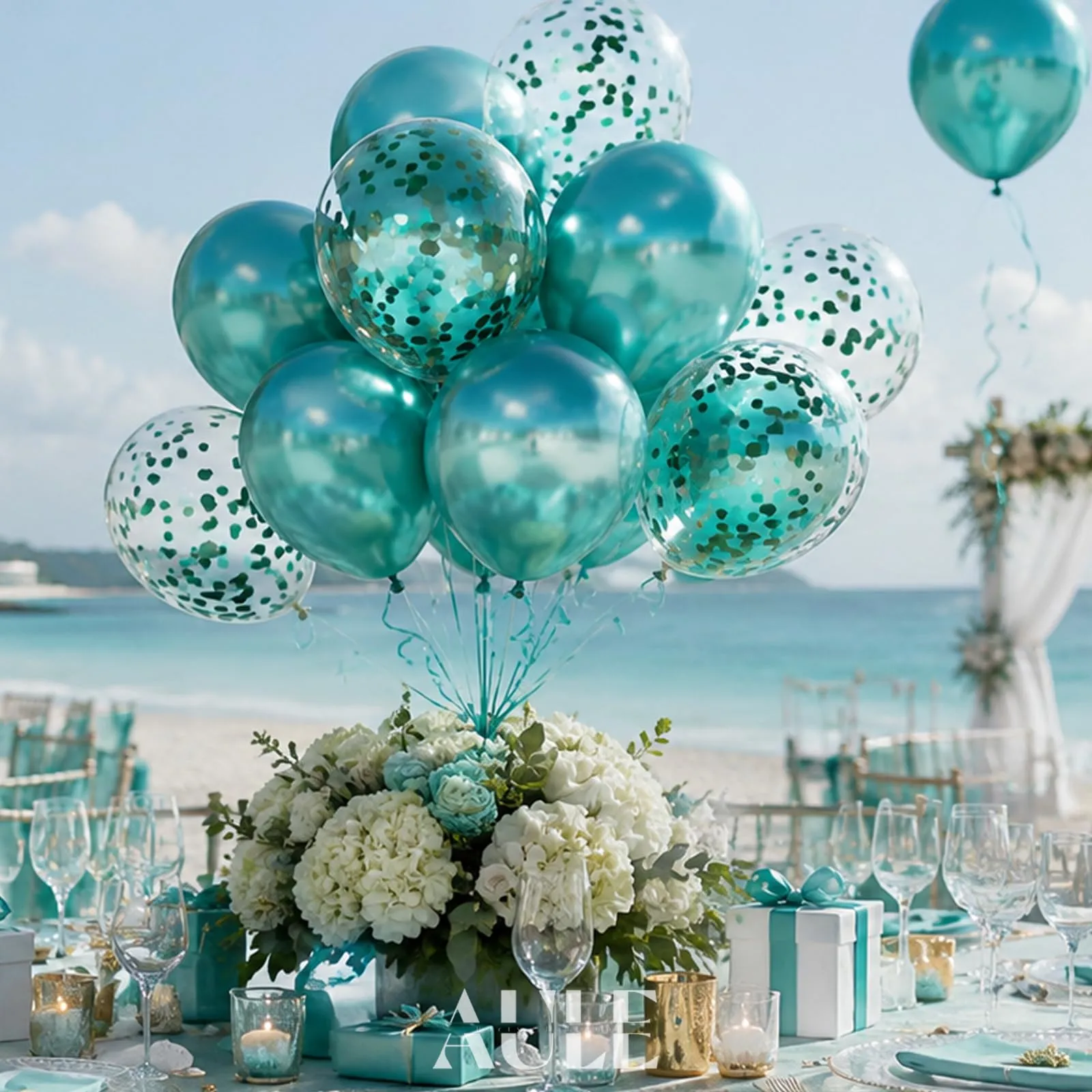 AULE Palloncini Metallizzati Verde Acqua e Turchese con Coriandoli, 42 Pezzi, 30cm - immagine 4