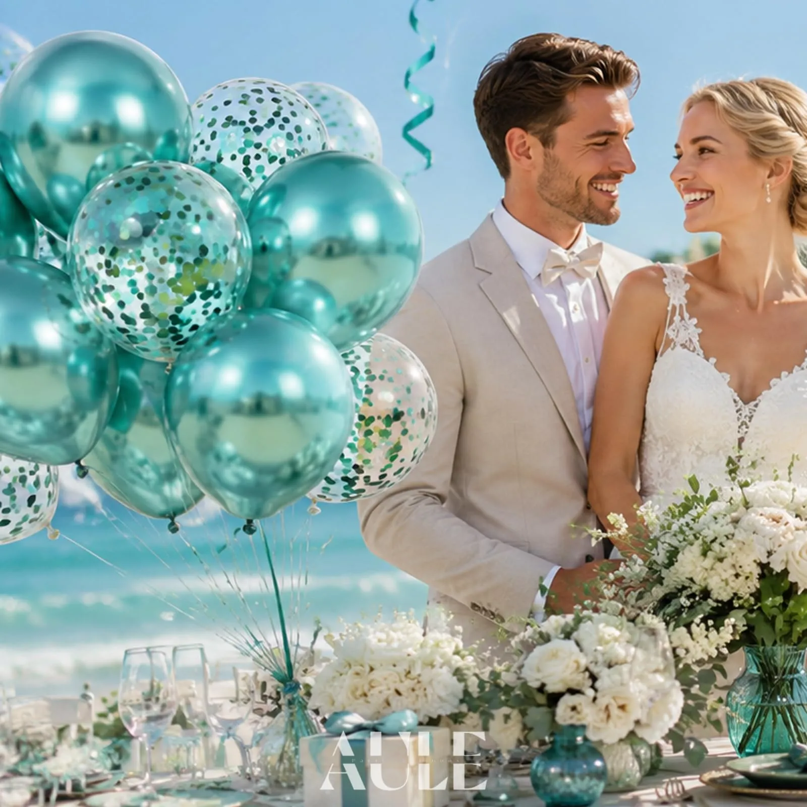 AULE Palloncini Metallizzati Verde Acqua e Turchese con Coriandoli, 42 Pezzi, 30cm - immagine 6