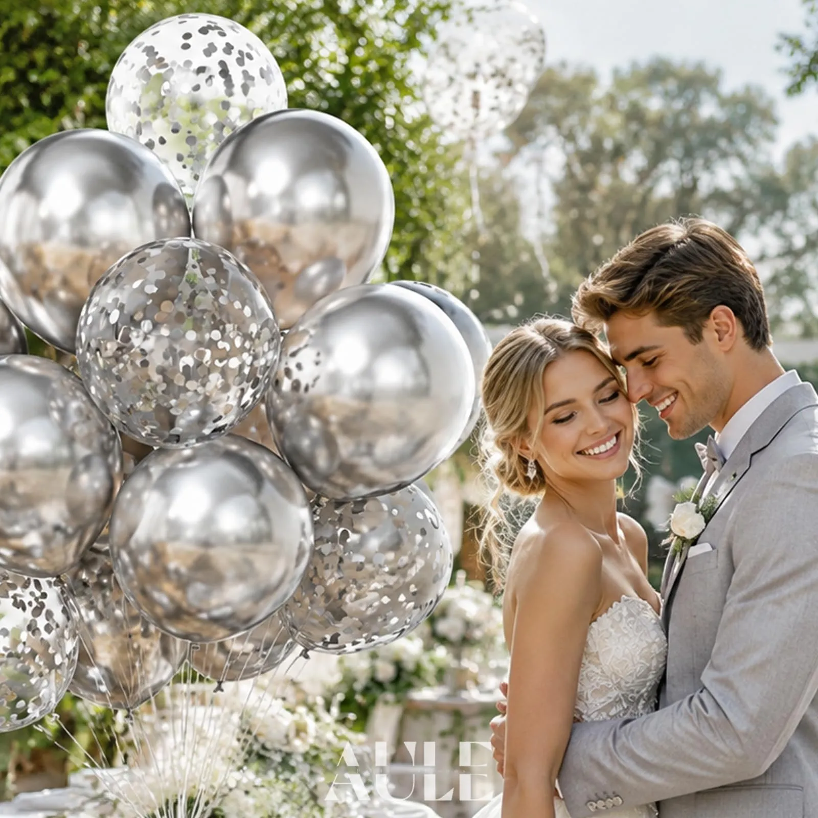 AULE Palloncini Argento Metallizzati con Coriandoli, 42 Pezzi, 30cm - immagine 2