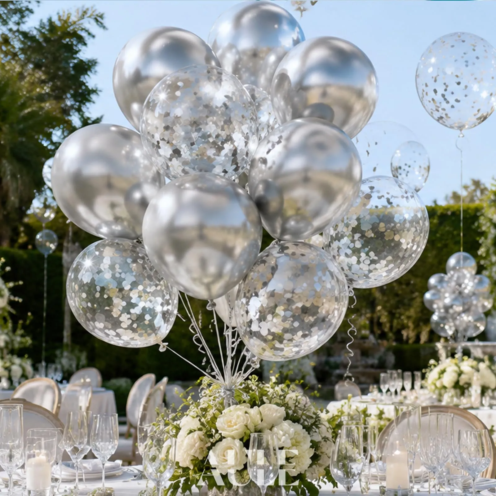 AULE Palloncini Argento Metallizzati con Coriandoli, 42 Pezzi, 30cm - immagine 4