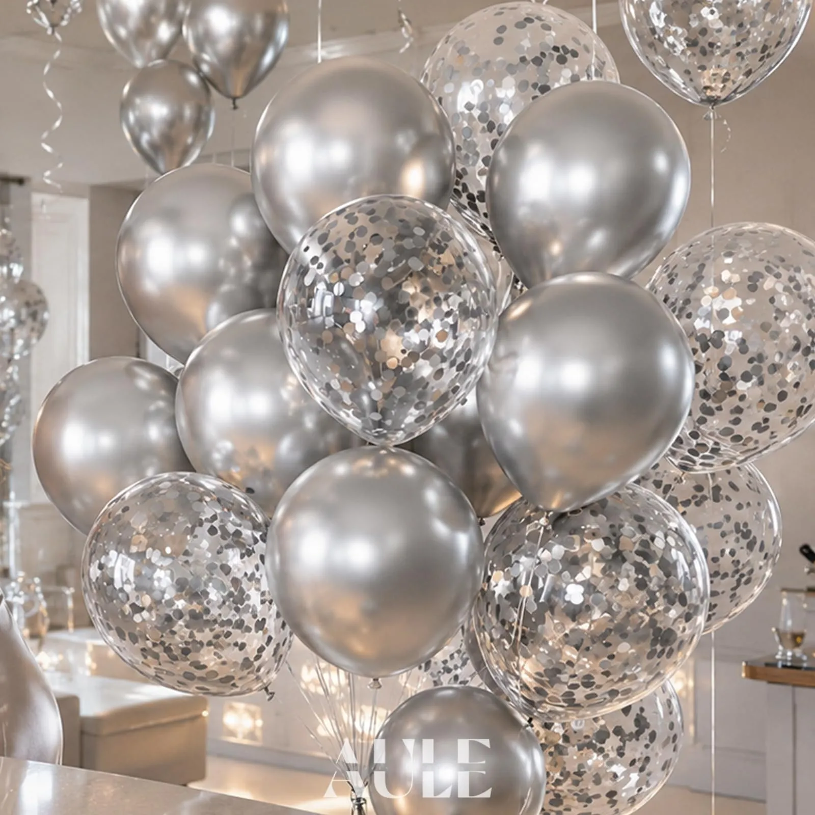 AULE Palloncini Argento Metallizzati con Coriandoli, 42 Pezzi, 30cm - immagine 5