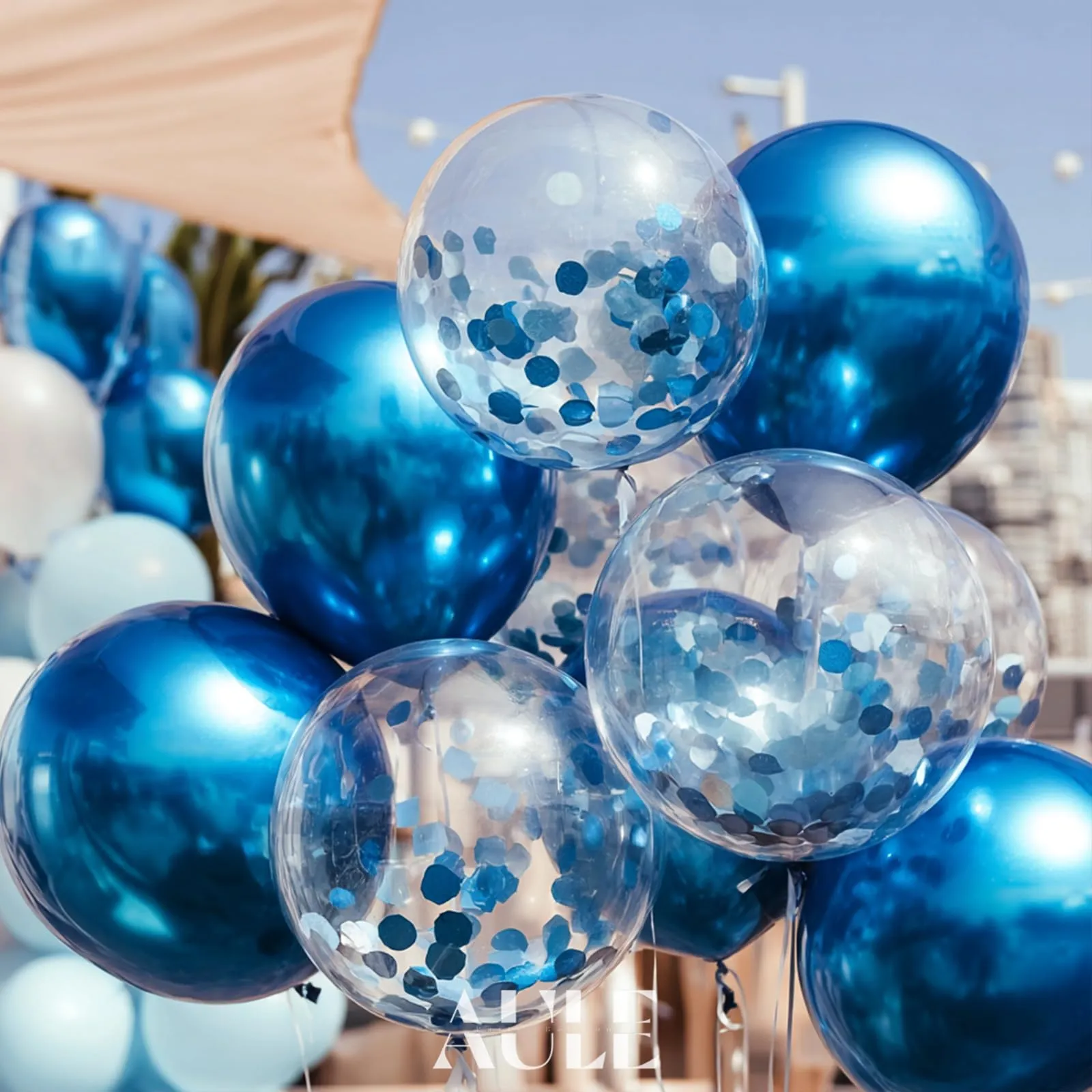 AULE Palloncini Blu Metallizzati con Coriandoli, 42 Pezzi, 30cm - immagine 4