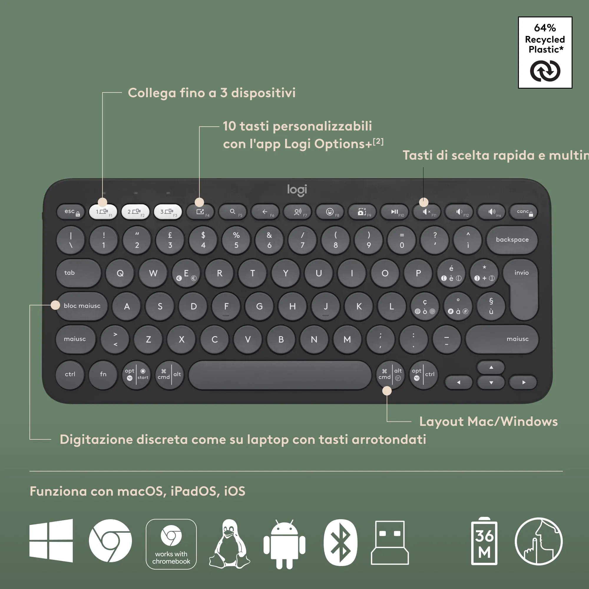 Logitech Pebble 2 Combo Tastiera e Mouse Wireless, ITA QWERTY - immagine 7