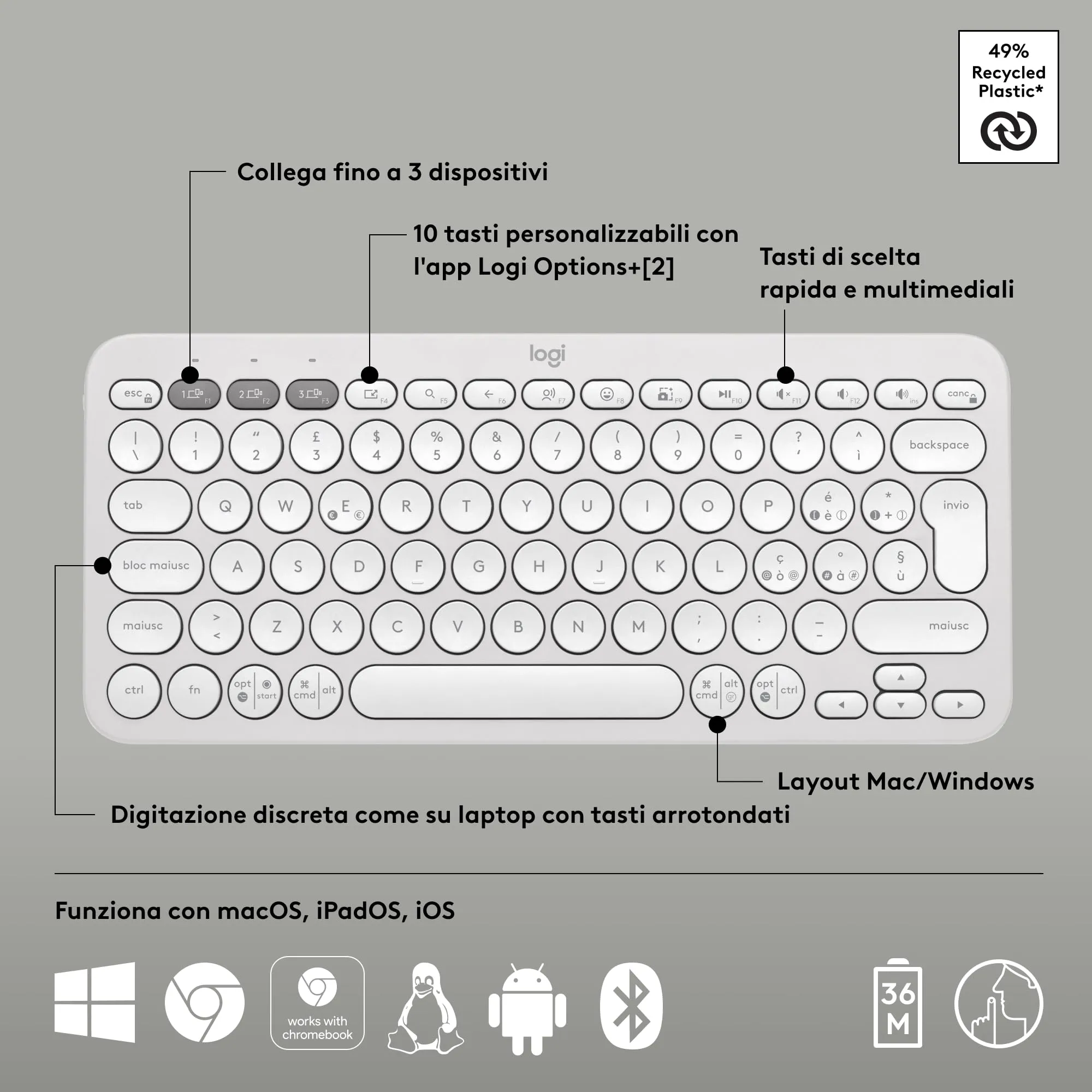 Logitech Pebble Keys 2 K380s Wireless Bluetooth Keyboard, ITA QWERTY - immagine 7