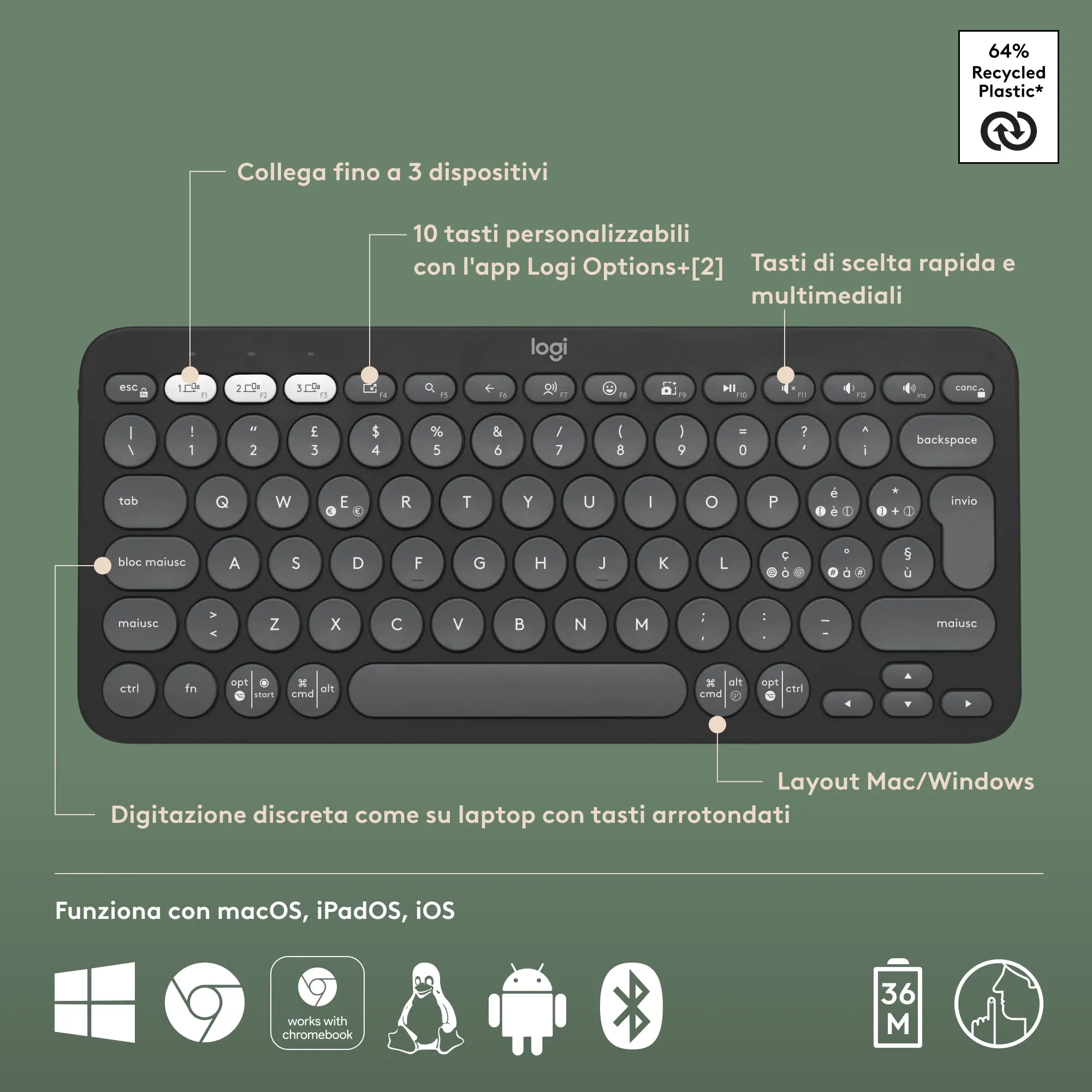 Logitech Pebble Keys 2 K380s Bluetooth Keyboard, ITA QWERTY, Grafite - immagine 7