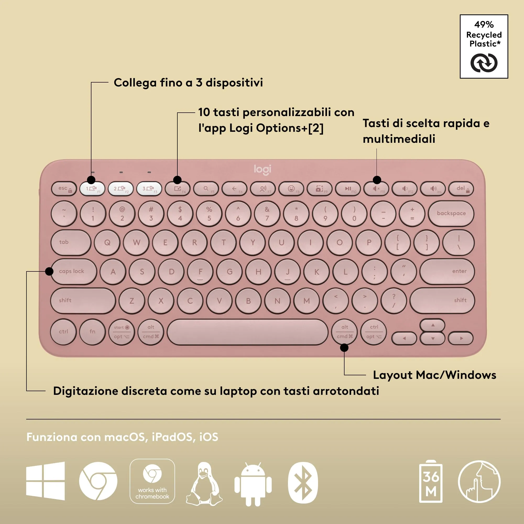 Logitech Pebble Keys 2 K380s Wireless Bluetooth Keyboard, ITA QWERTY - immagine 7