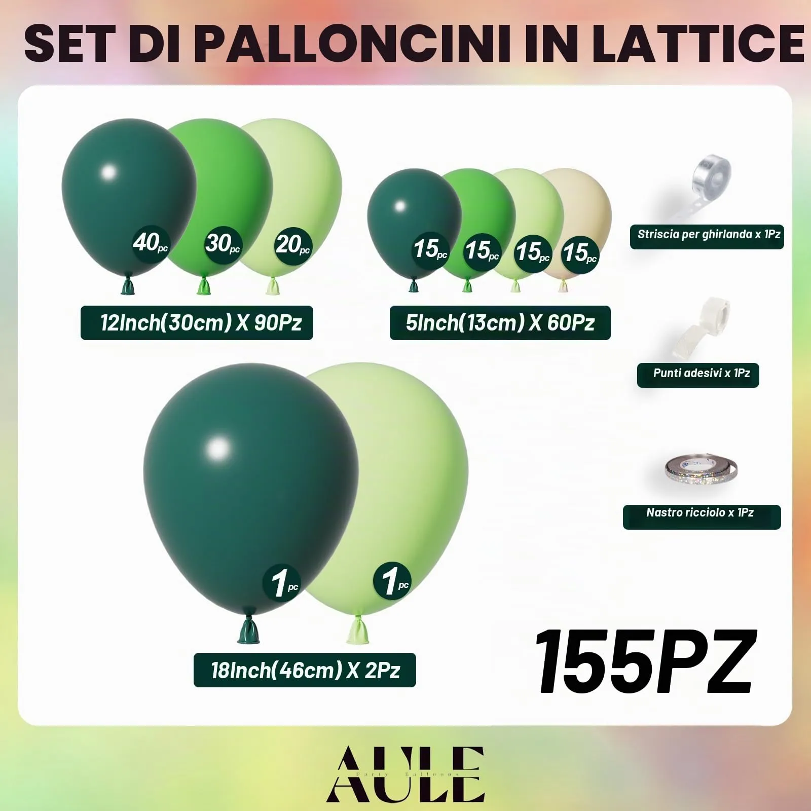 AULE Kit Arco di Palloncini Verdi, 155 Pezzi Set Ghirlanda (5/10/18 pollici) - immagine 2