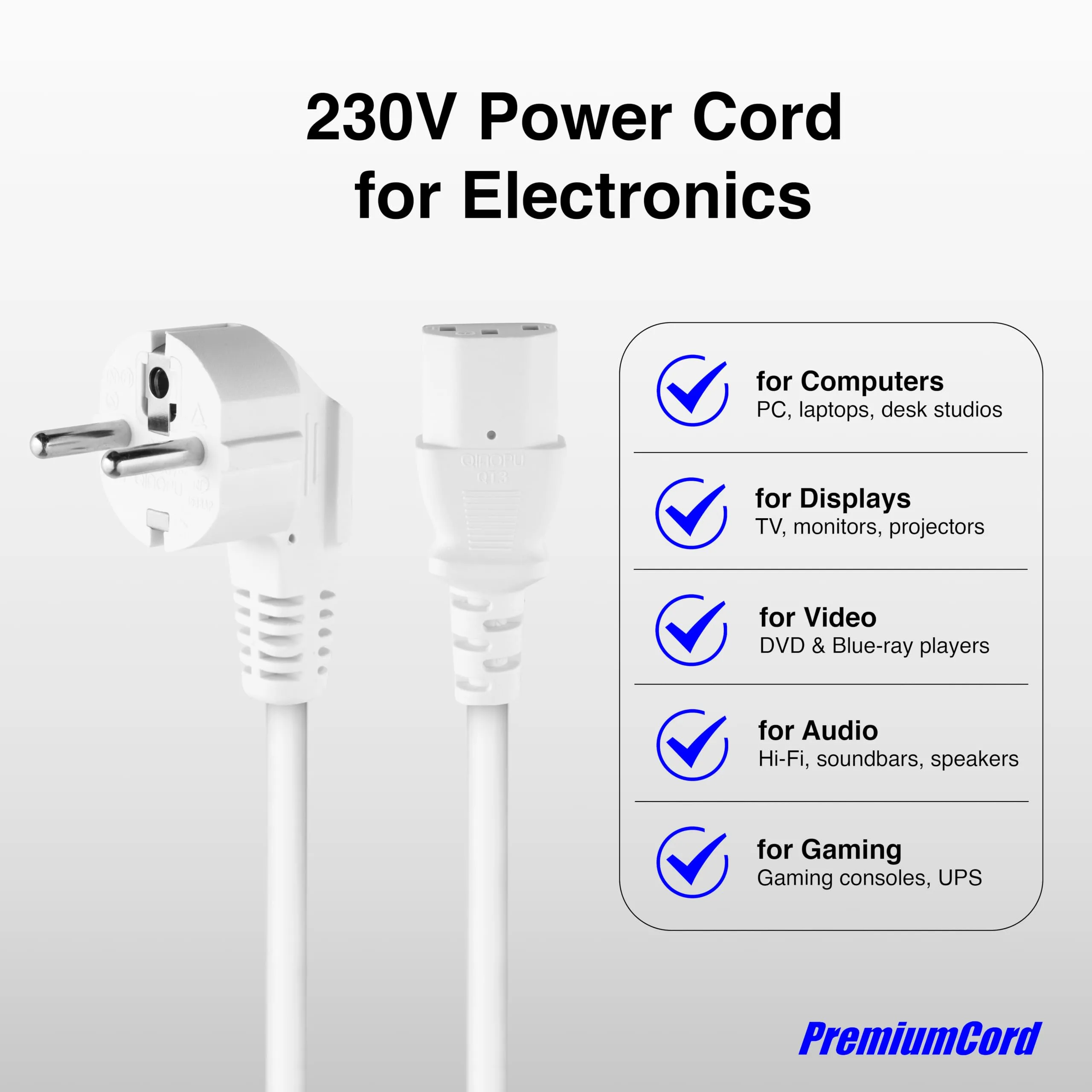 PremiumCord Cavo di alimentazione 230V 1m, presa C13 IEC 320, bianco - immagine 4
