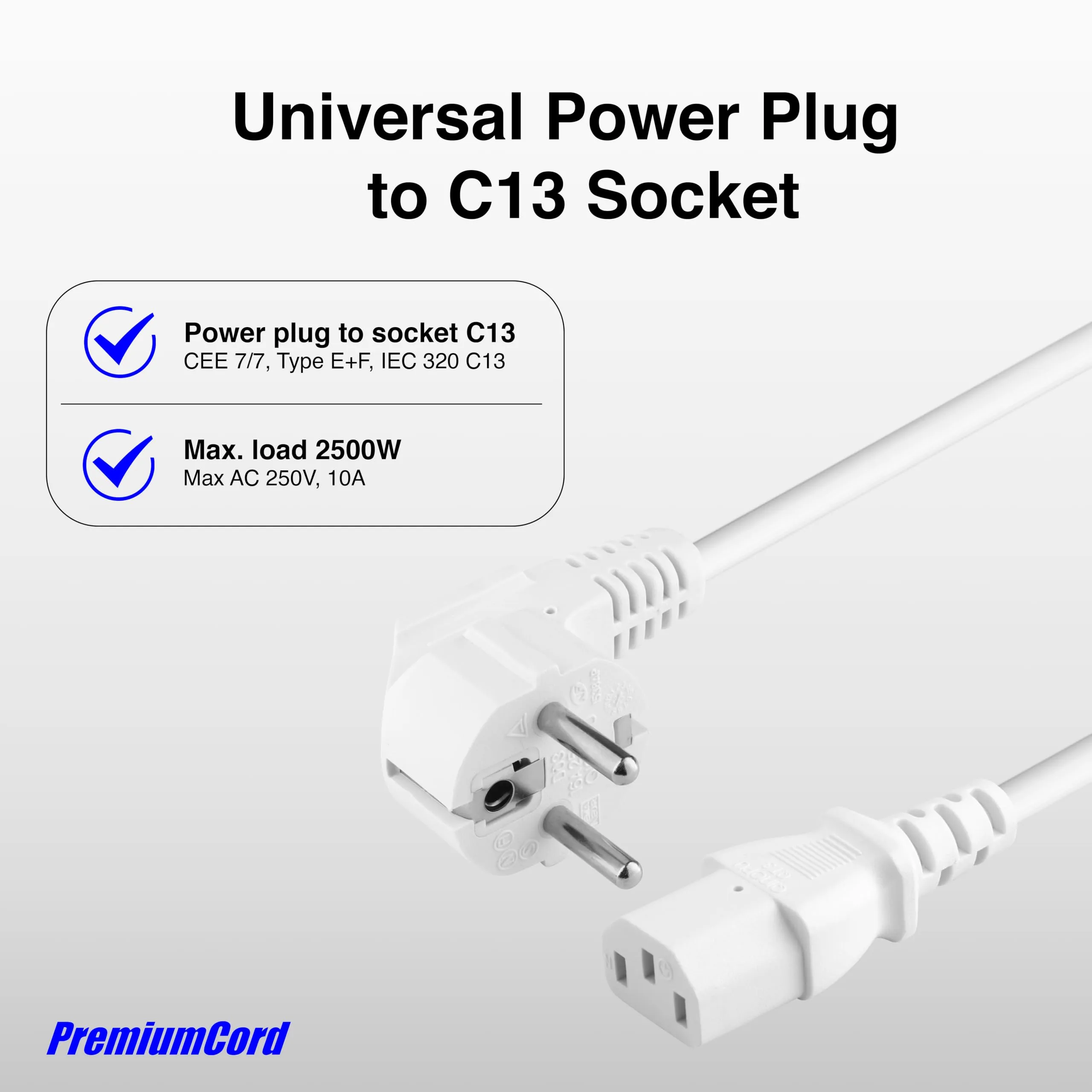 PremiumCord Cavo di alimentazione 230V 1m, presa C13 IEC 320, bianco - immagine 5