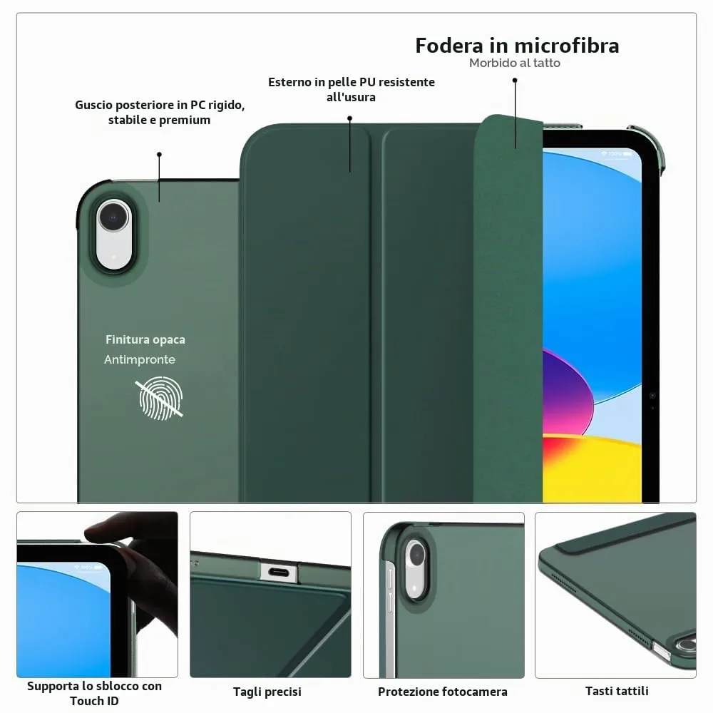MoKo Custodia Rigida per iPad 10 Generazione 2022 10,9", Chiusura Magnetica, Auto Sleep/Wake, Verde Notte - immagine 3