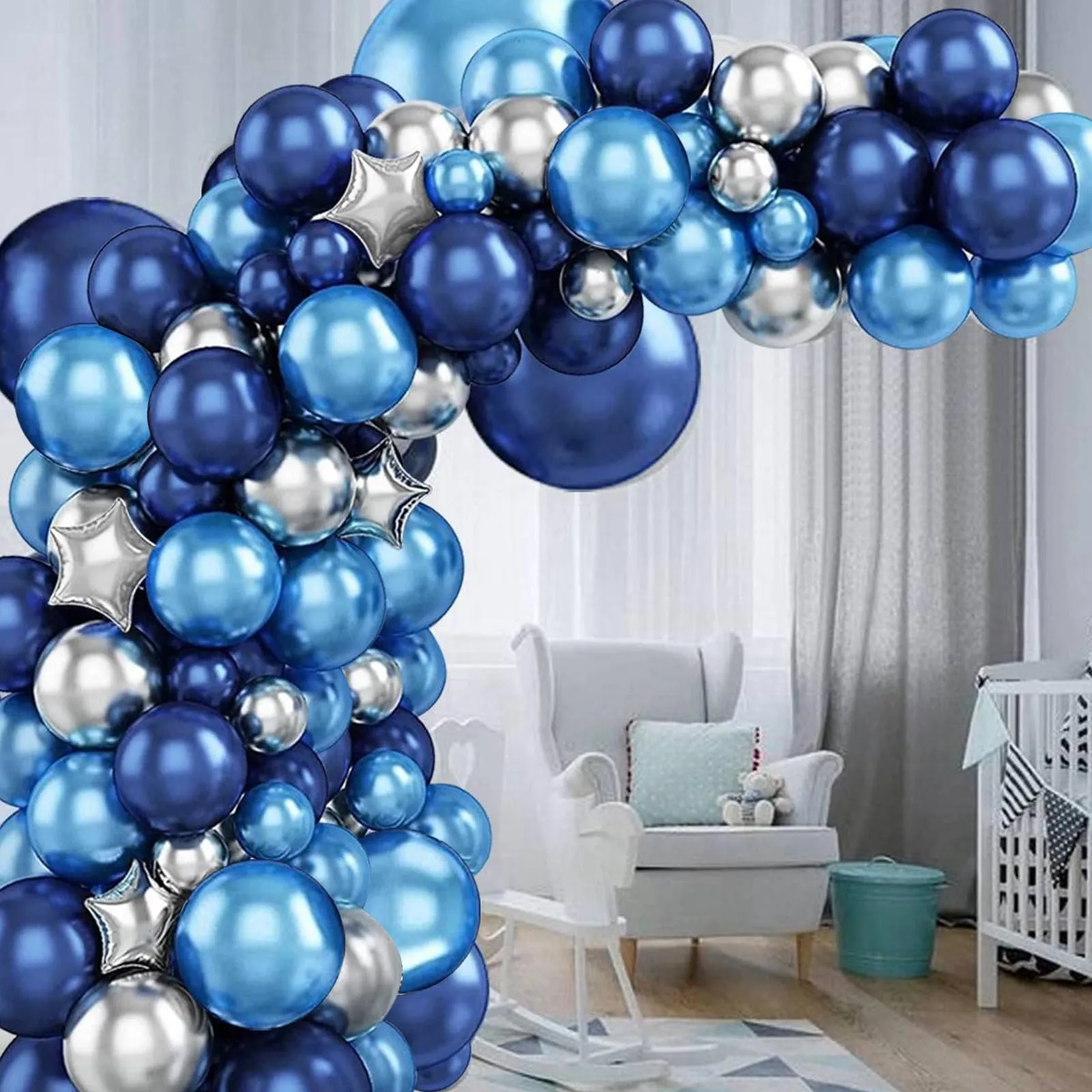 Netnology Kit Arco Palloncini Blu Navy e Argento, 97 Pezzi con Palloncini Agata Nera e Stelle - immagine 5