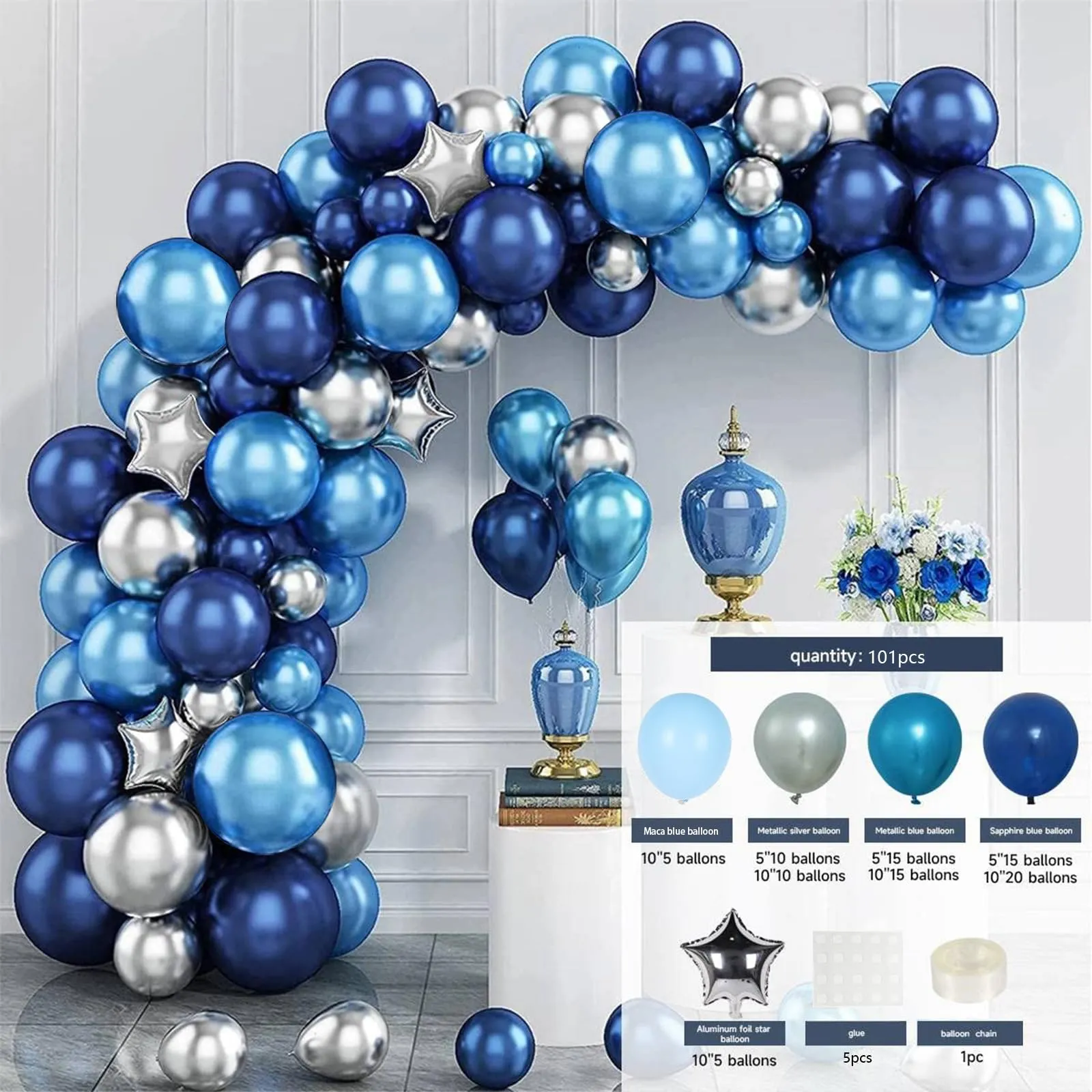 Netnology Kit Arco Palloncini Blu Navy e Argento, 97 Pezzi con Palloncini Agata Nera e Stelle - immagine 8