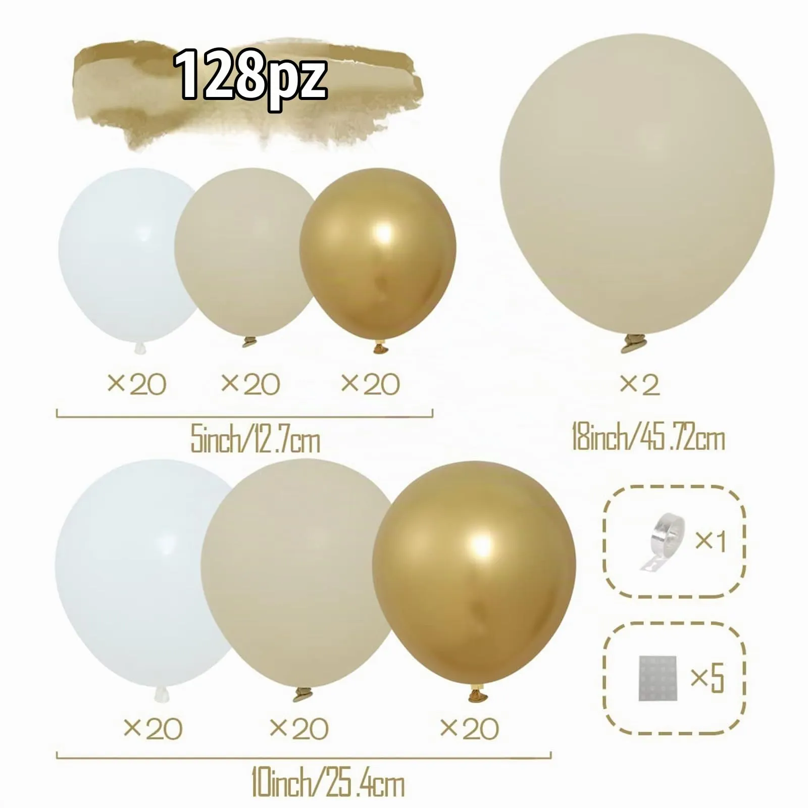 Netnology Kit Arco Ghirlanda di Palloncini Oro, Bianco e Sabbia, 128 Pezzi - immagine 2