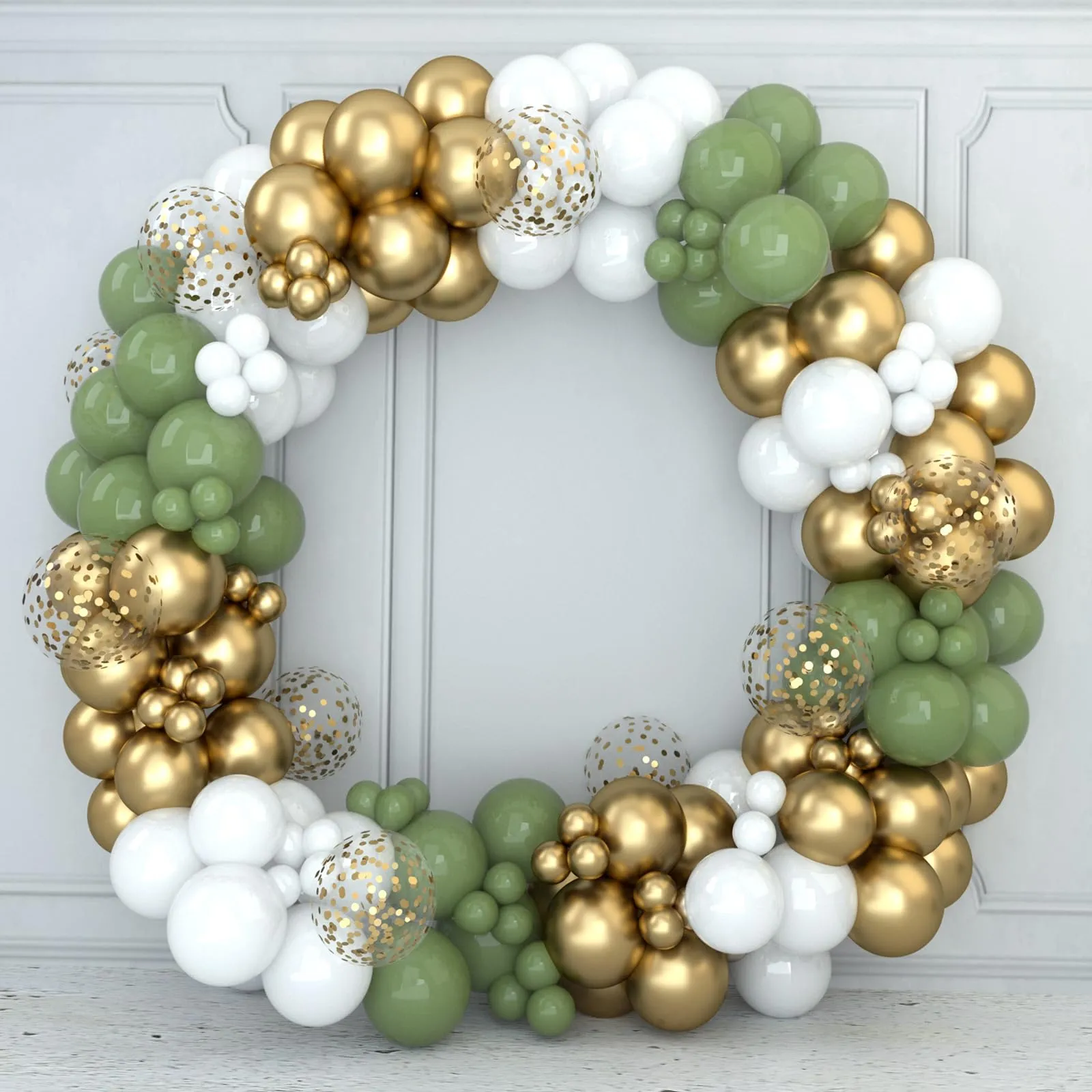 Netnology Kit Arco di Palloncini Verde Oliva, Bianco e Oro, 152 Pezzi - immagine 1