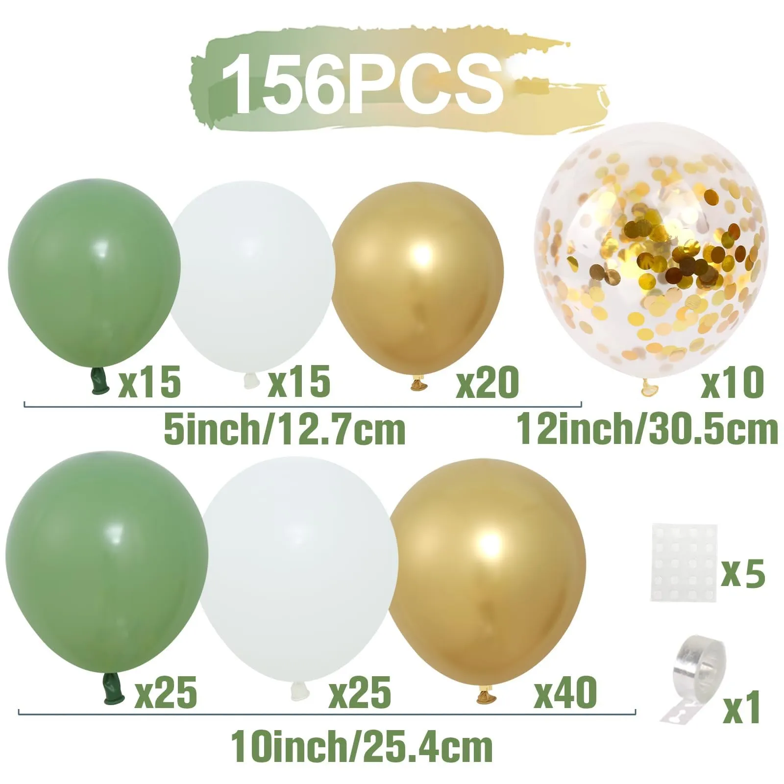 Netnology Kit Arco di Palloncini Verde Oliva, Bianco e Oro, 152 Pezzi - immagine 2