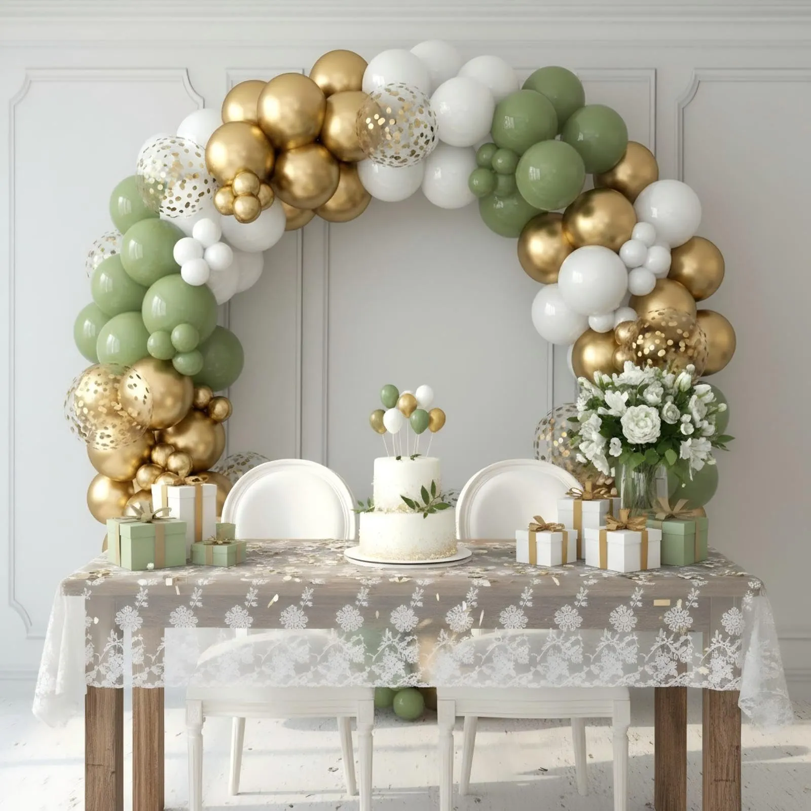 Netnology Kit Arco di Palloncini Verde Oliva, Bianco e Oro, 152 Pezzi - immagine 3