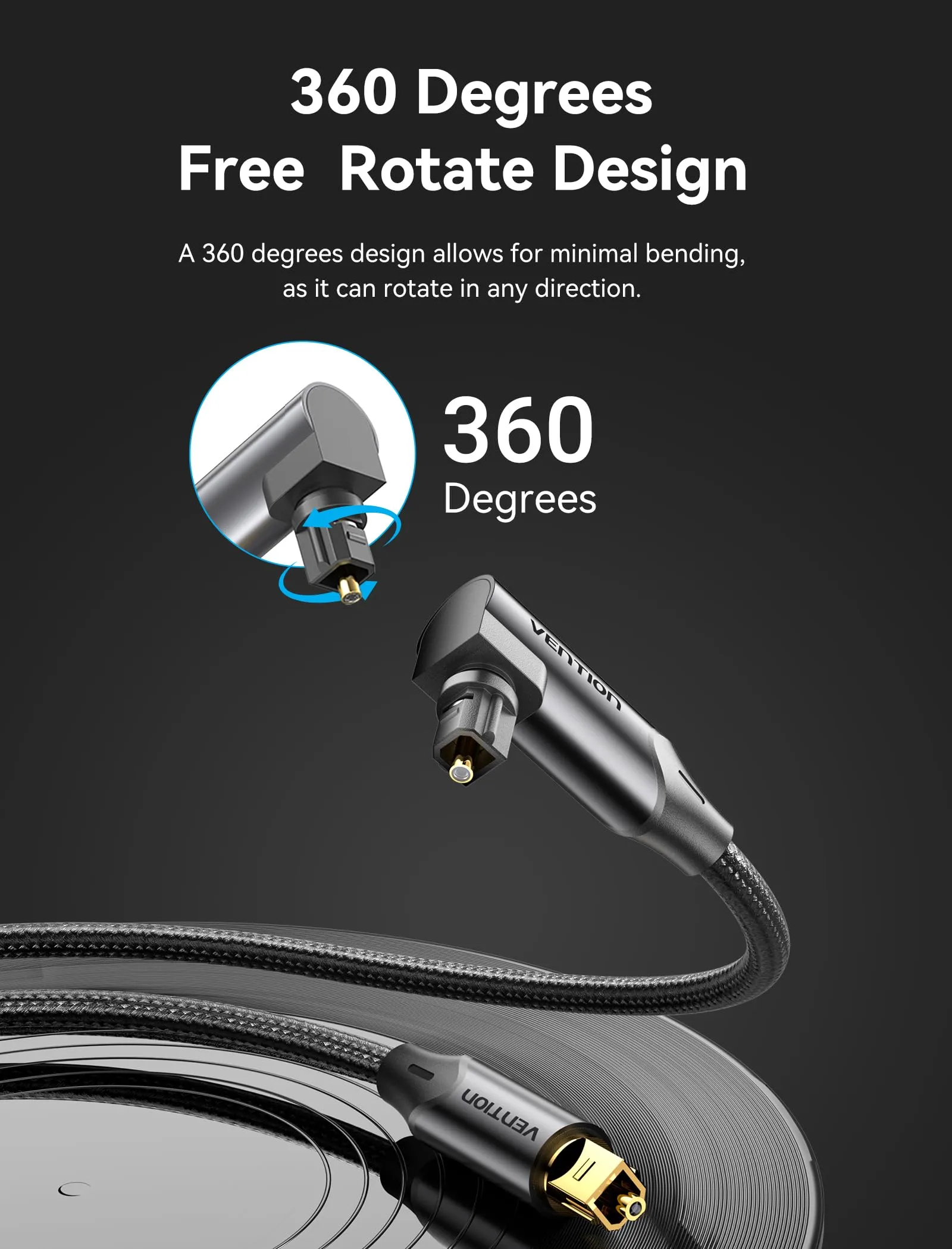 Vention Cavo Ottico Digitale SPDIF Toslink 90°, 1 m, Connettori Oro 24K, Nylon Intrecciato - immagine 3