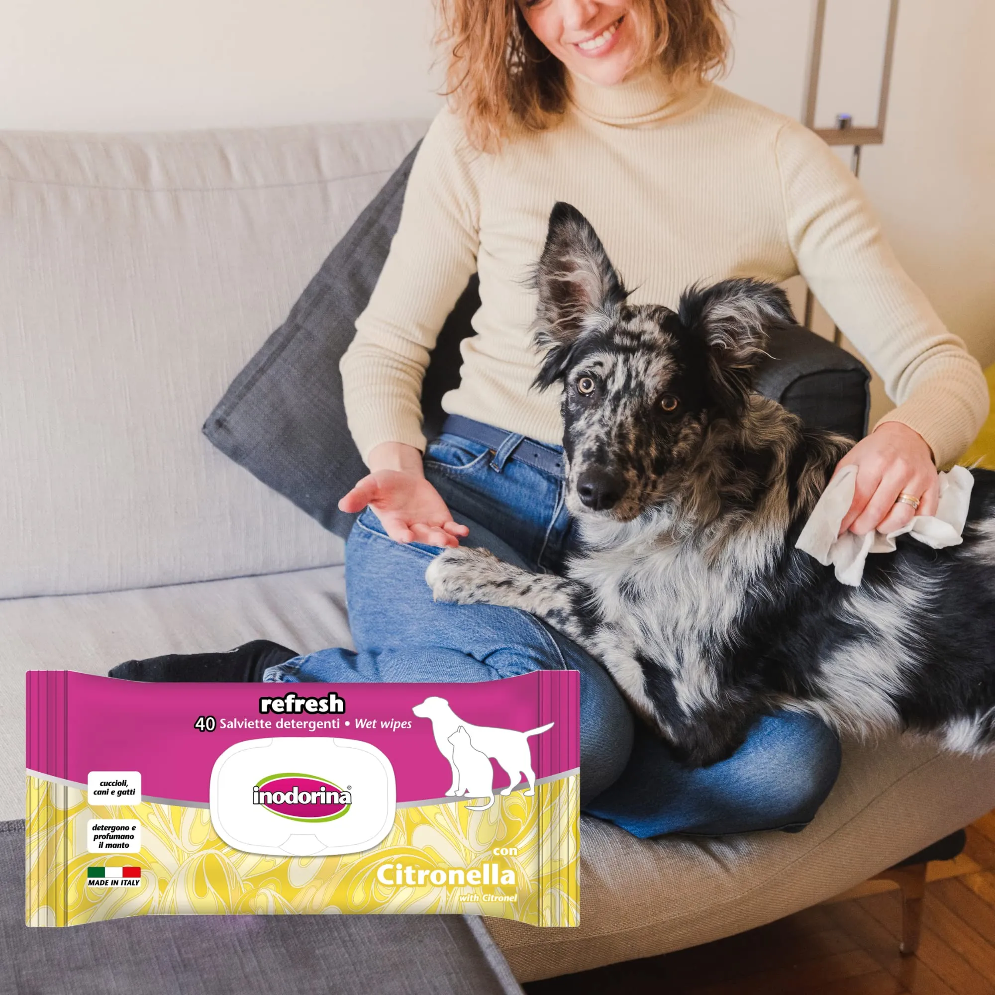 Inodorina Salviette Refresh Detergenti in Tessuto con Agente Idratante, Profumazione Citronella, 2x40pz - immagine 3