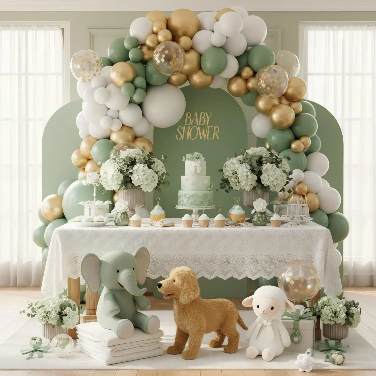 Netnology Arco di Palloncini Verde Salvia, Bianco e Oro, 100 Pezzi - immagine 3