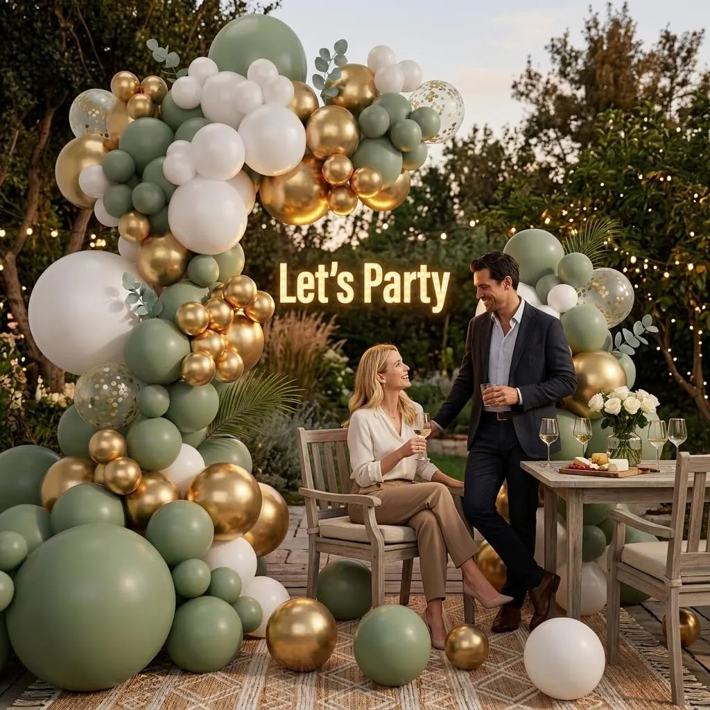 Netnology Arco di Palloncini Verde Salvia, Bianco e Oro, 100 Pezzi - immagine 4