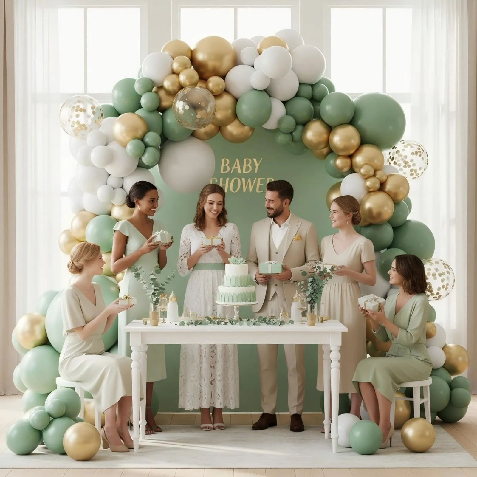 Netnology Arco di Palloncini Verde Salvia, Bianco e Oro, 100 Pezzi - immagine 5