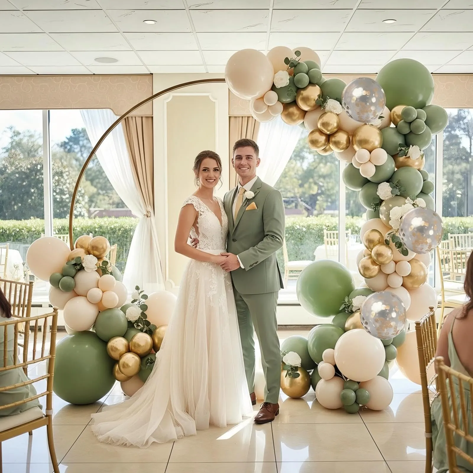 Netnology Arco di Palloncini Verde Salvia, Bianco e Oro, 100 Pezzi - immagine 6