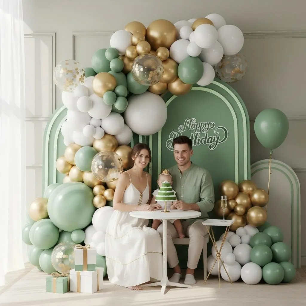 Netnology Arco di Palloncini Verde Salvia, Bianco e Oro, 100 Pezzi - immagine 7