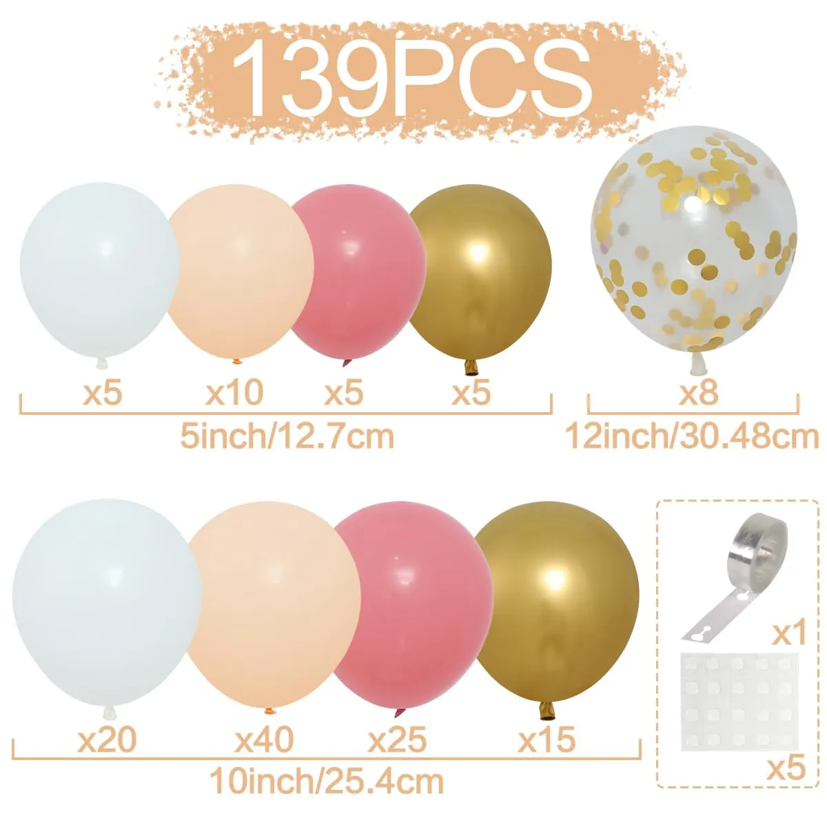 Netnology Kit Arco Palloncini Oro Rosa e Bianco, 135 Pezzi con Palloncini Coriandoli e Accessori per Montaggio - immagine 2