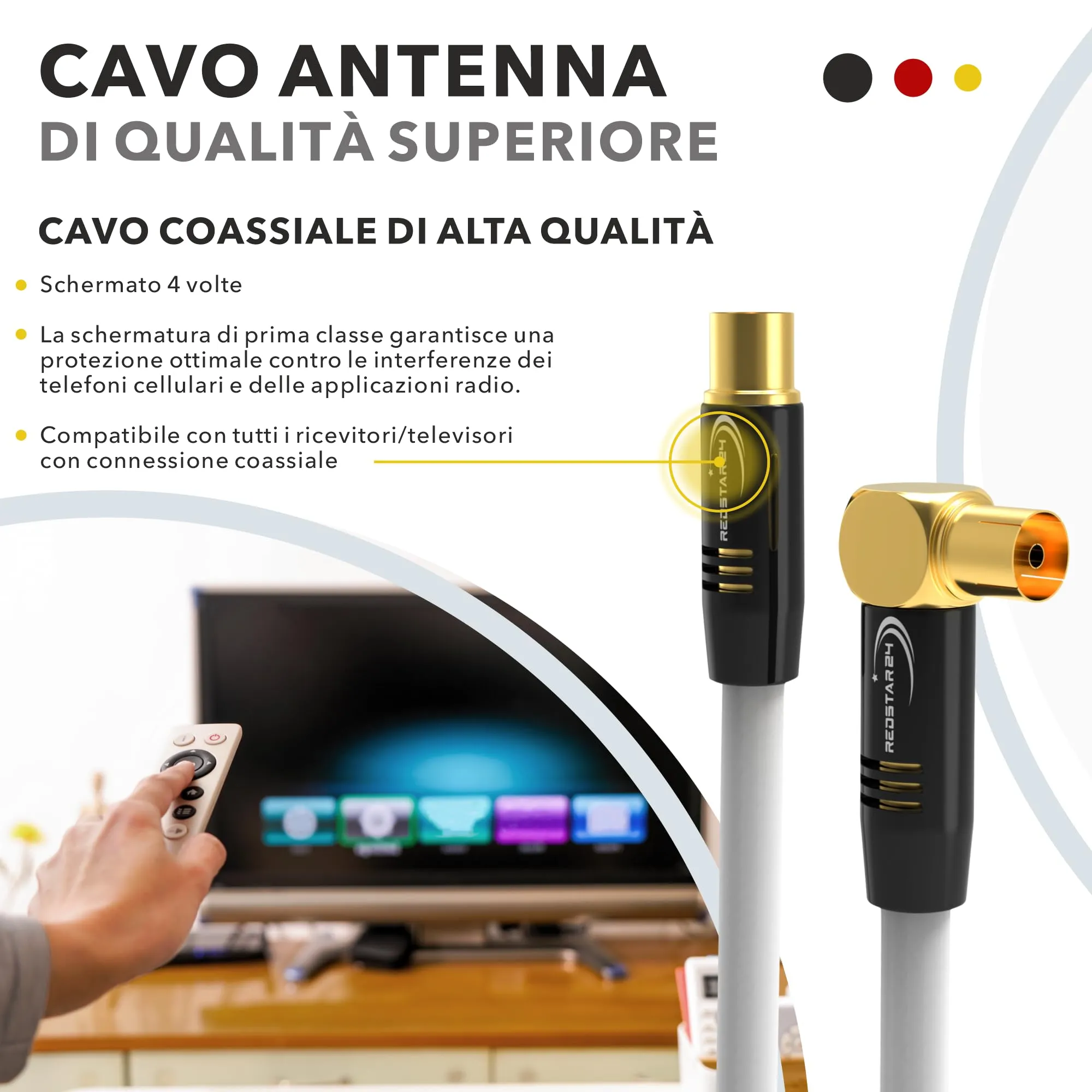 RedStar24 Cavo Antenna 2m Bianco - Maschio a Femmina 90° Angolato Coassiale - Compatibile con TV, Radio, DVB-T/T2, DVB-C, DAB - immagine 3