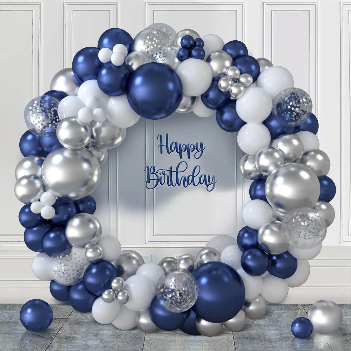Netnology Kit Arco di Palloncini Blu Navy, Argento e Bianco, 117 Pezzi, H2001-48 - immagine 1