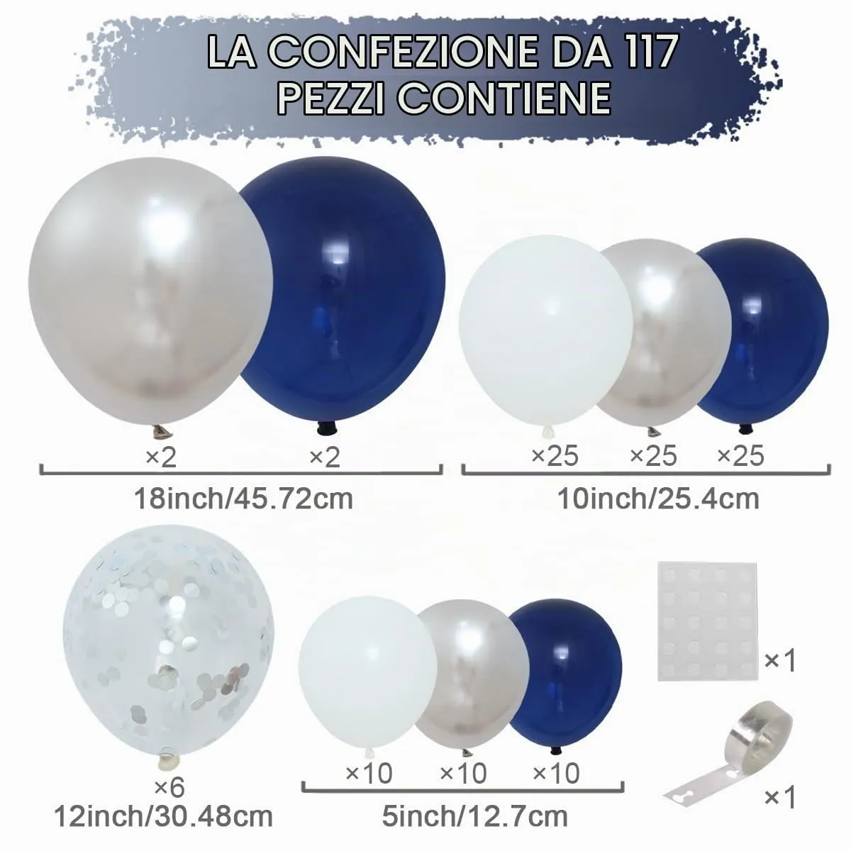 Netnology Kit Arco di Palloncini Blu Navy, Argento e Bianco, 117 Pezzi, H2001-48 - immagine 2