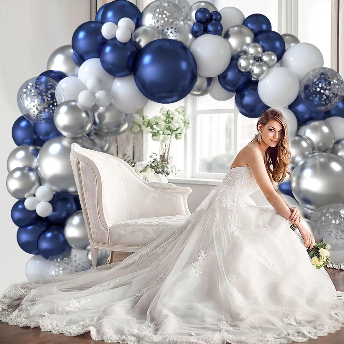 Netnology Kit Arco di Palloncini Blu Navy, Argento e Bianco, 117 Pezzi, H2001-48 - immagine 3