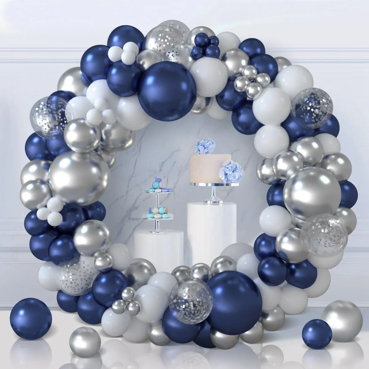 Netnology Kit Arco di Palloncini Blu Navy, Argento e Bianco, 117 Pezzi, H2001-48 - immagine 5