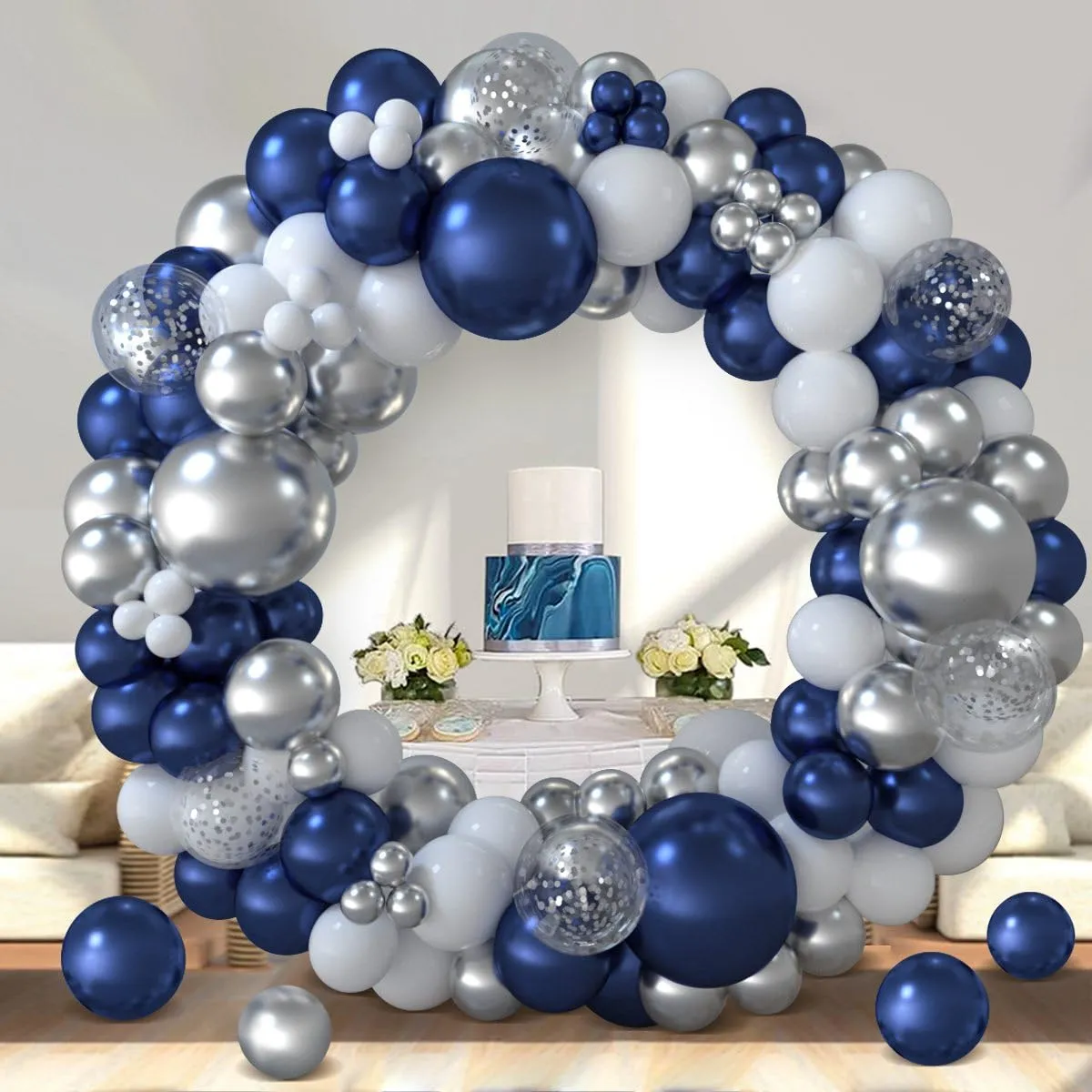 Netnology Kit Arco di Palloncini Blu Navy, Argento e Bianco, 117 Pezzi, H2001-48 - immagine 6