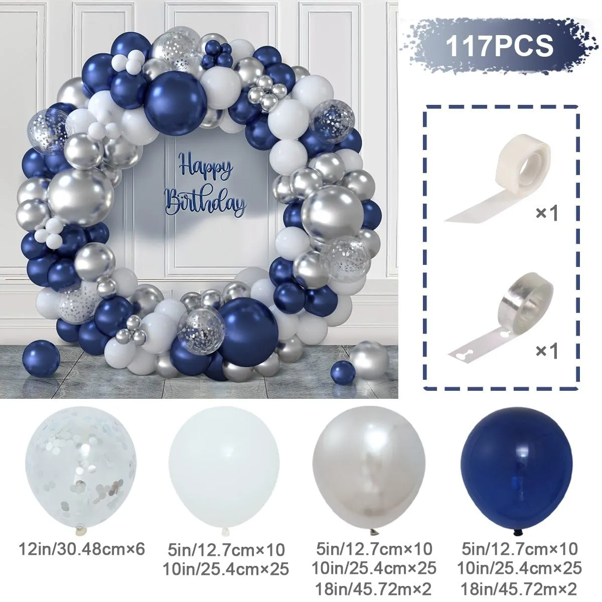 Netnology Kit Arco di Palloncini Blu Navy, Argento e Bianco, 117 Pezzi, H2001-48 - immagine 7