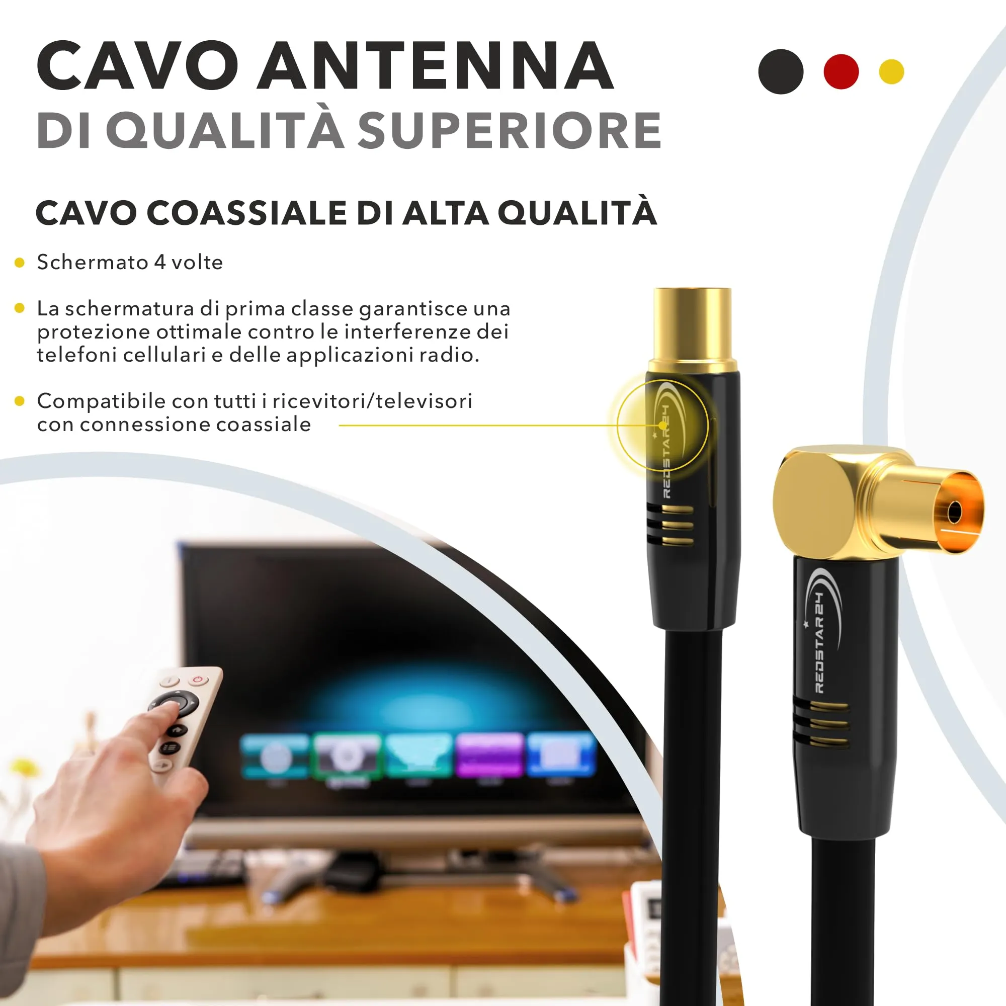 RedStar24 Cavo Antenna 4m Nero, Maschio a Femmina 90° Angolato Coassiale, Compatibile con TV, Radio, DVB-T/T2, DVB-C, DAB - immagine 3