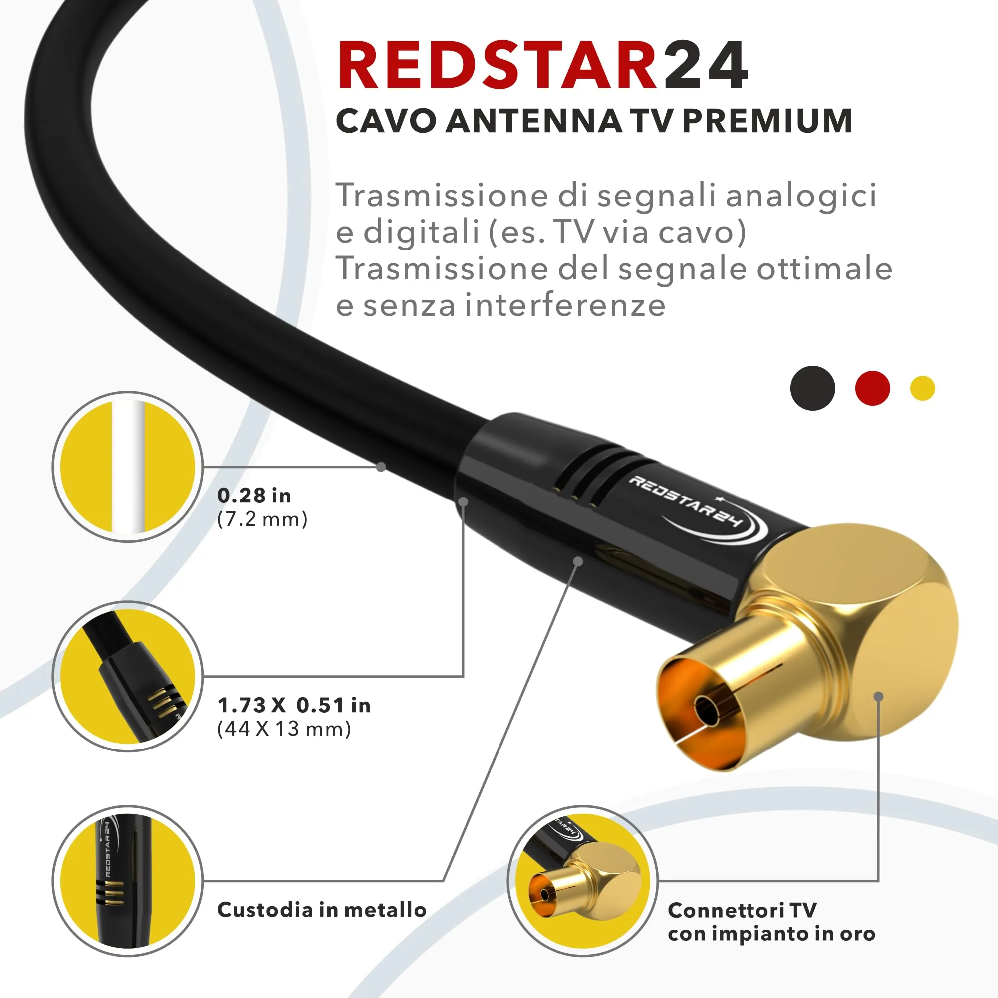 RedStar24 Cavo Antenna 4m Nero, Maschio a Femmina 90° Angolato Coassiale, Compatibile con TV, Radio, DVB-T/T2, DVB-C, DAB - immagine 4