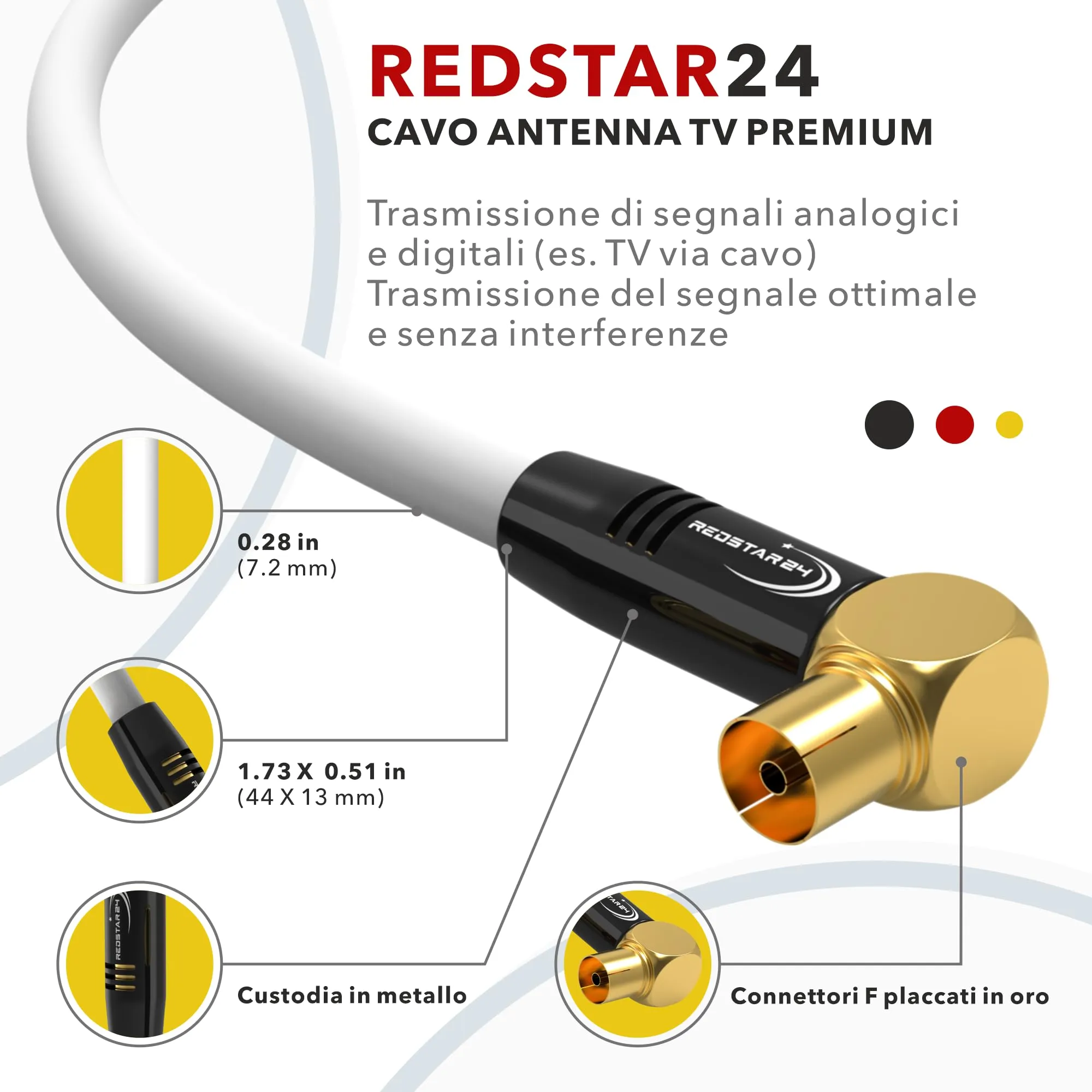RedStar24 Cavo Antenna 7,5m Bianco - Maschio a Femmina 90° Angolato Coassiale HDTV per TV, Radio, DVB-T/T2, DVB-C, DAB - immagine 4