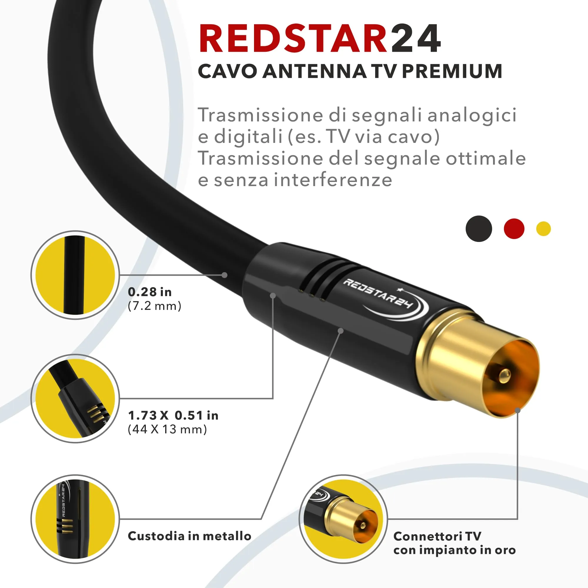 RedStar24 Cavo Antenna 3m Nero Maschio a Femmina IEC Coassiale HDTV - immagine 4