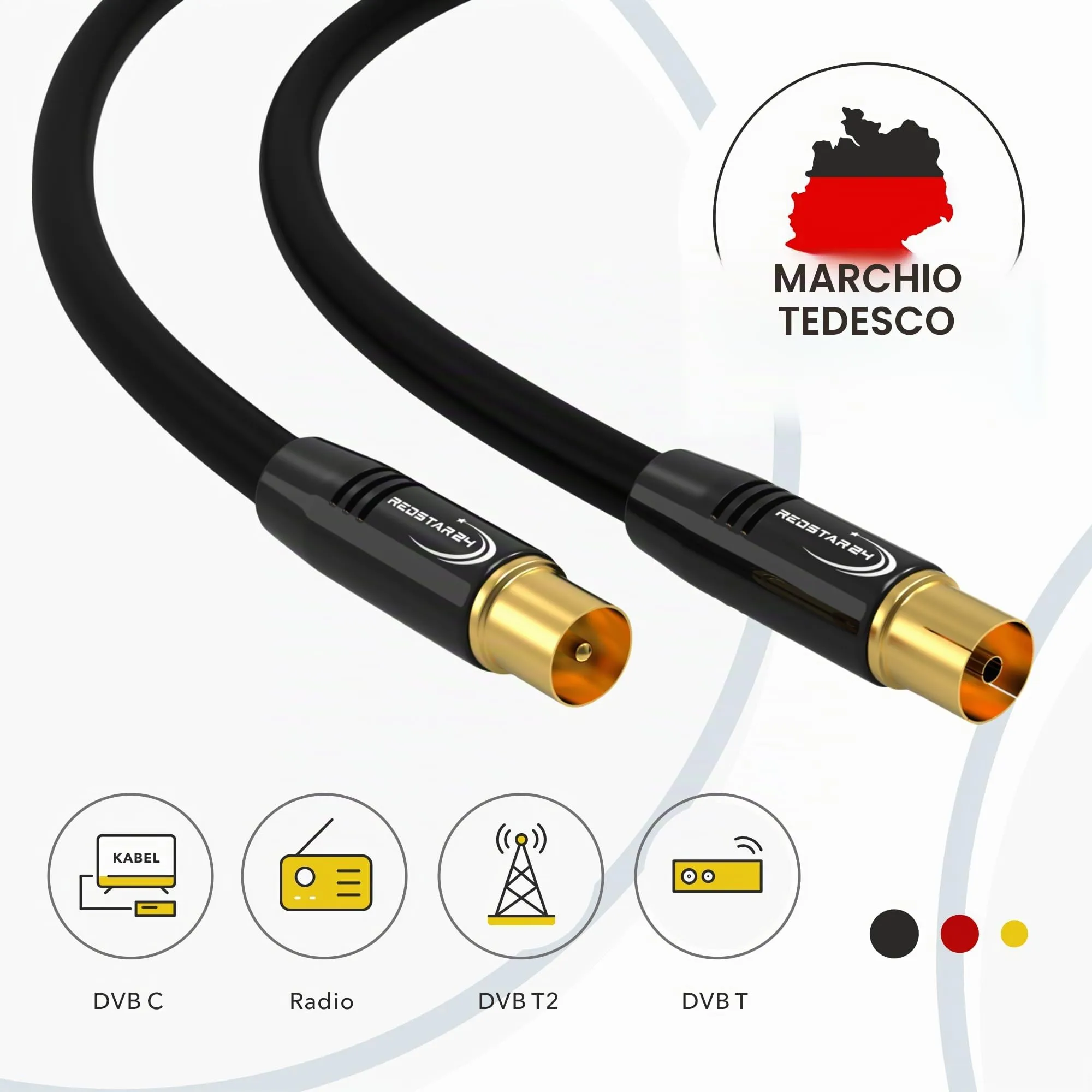 RedStar24 Cavo Antenna 2m Nero, Maschio a Femmina IEC, Coassiale HDTV per TV, Radio, DVB-T/T2, DVB-C, DAB - immagine 2
