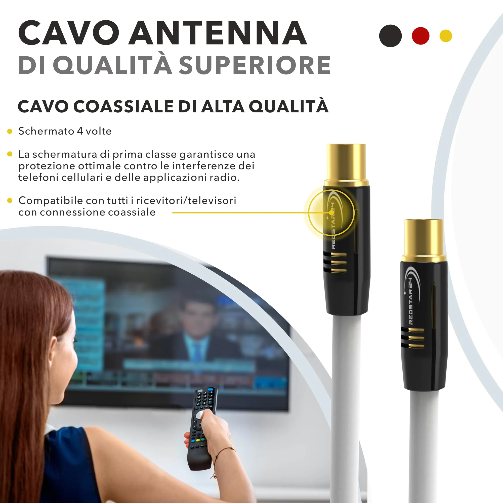 RedStar24 Cavo Antenna 5m Bianco, Maschio a Femmina IEC, Cavo Coassiale HDTV per TV, Radio, DVB-T/T2, DVB-C, DAB - immagine 3