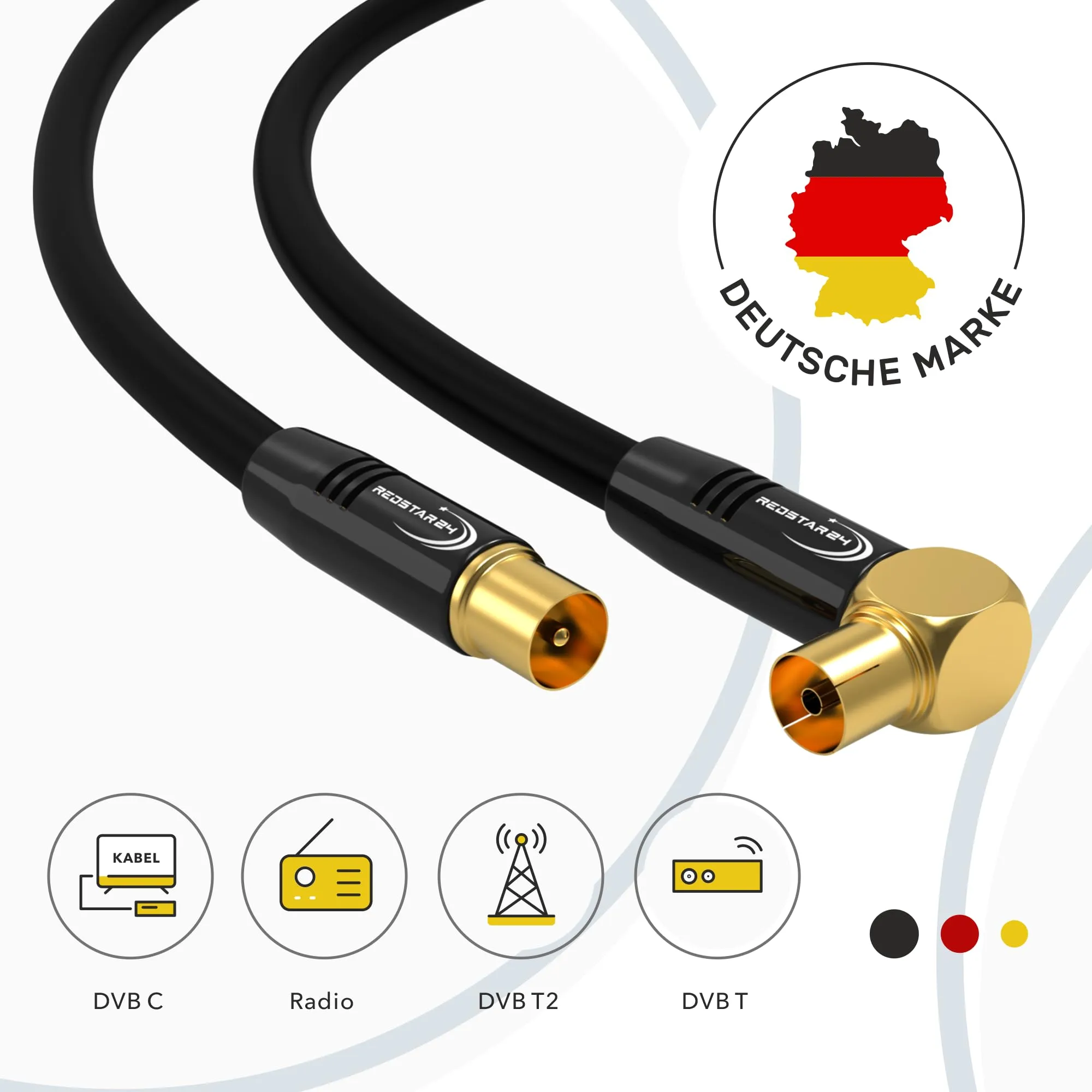 RedStar24 Cavo Antenna 20m Nero - Maschio a Femmina 90° Angolato - Cavo Coassiale HDTV per TV, Radio, DVB-T/T2, DVB-C, DAB - immagine 2
