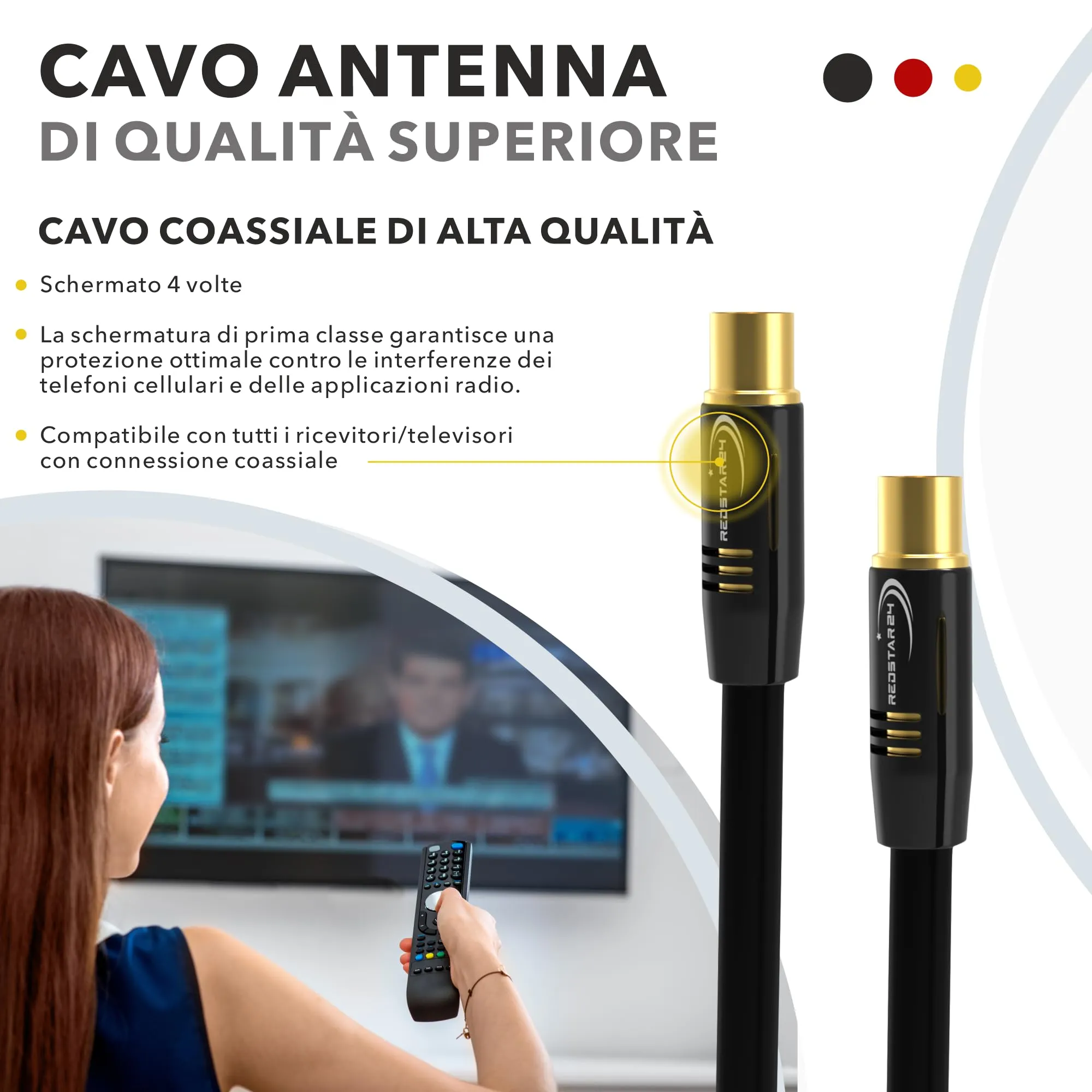 RedStar24 Cavo Antenna 20m Nero, Maschio a Femmina IEC, Cavo Coassiale HDTV per TV, Radio, DVB-T/T2, DVB-C, DAB - immagine 3