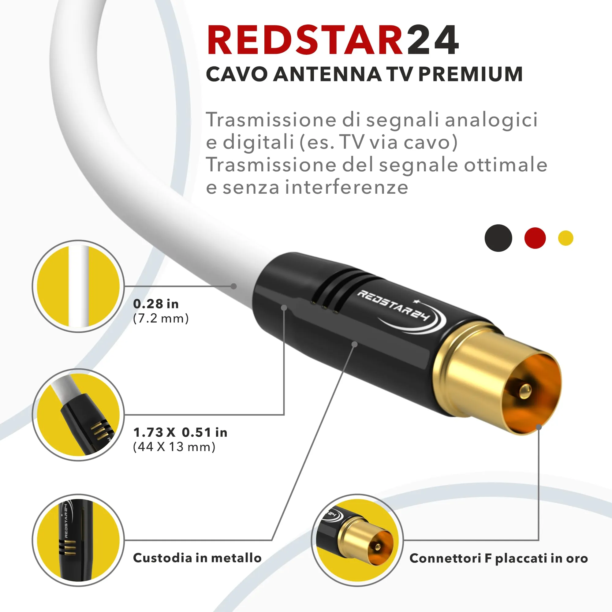 RedStar24 Cavo Antenna 20m Bianco Maschio a Femmina IEC Coassiale HDTV per TV, Radio, DVB-T/T2, DVB-C, DAB - immagine 4