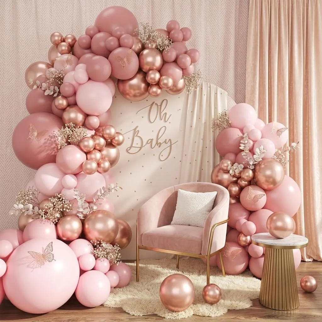Netnology Kit Arco Palloncini Rosa Farfalla, 101 Pezzi Ghirlanda Oro Rosa con Adesivi a Farfalla e Accessori per Montaggio - immagine 1