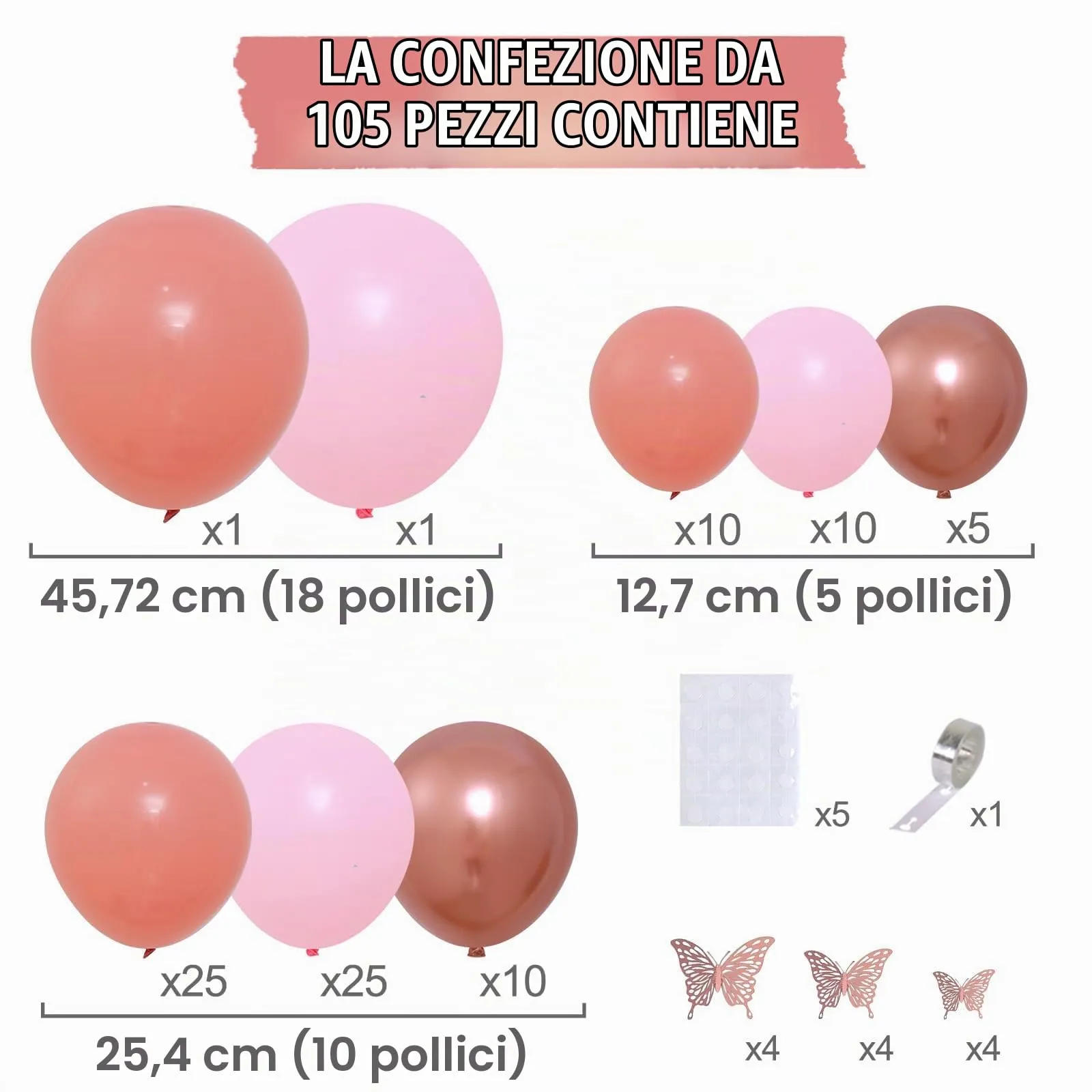 Netnology Kit Arco Palloncini Rosa Farfalla, 101 Pezzi Ghirlanda Oro Rosa con Adesivi a Farfalla e Accessori per Montaggio - immagine 2