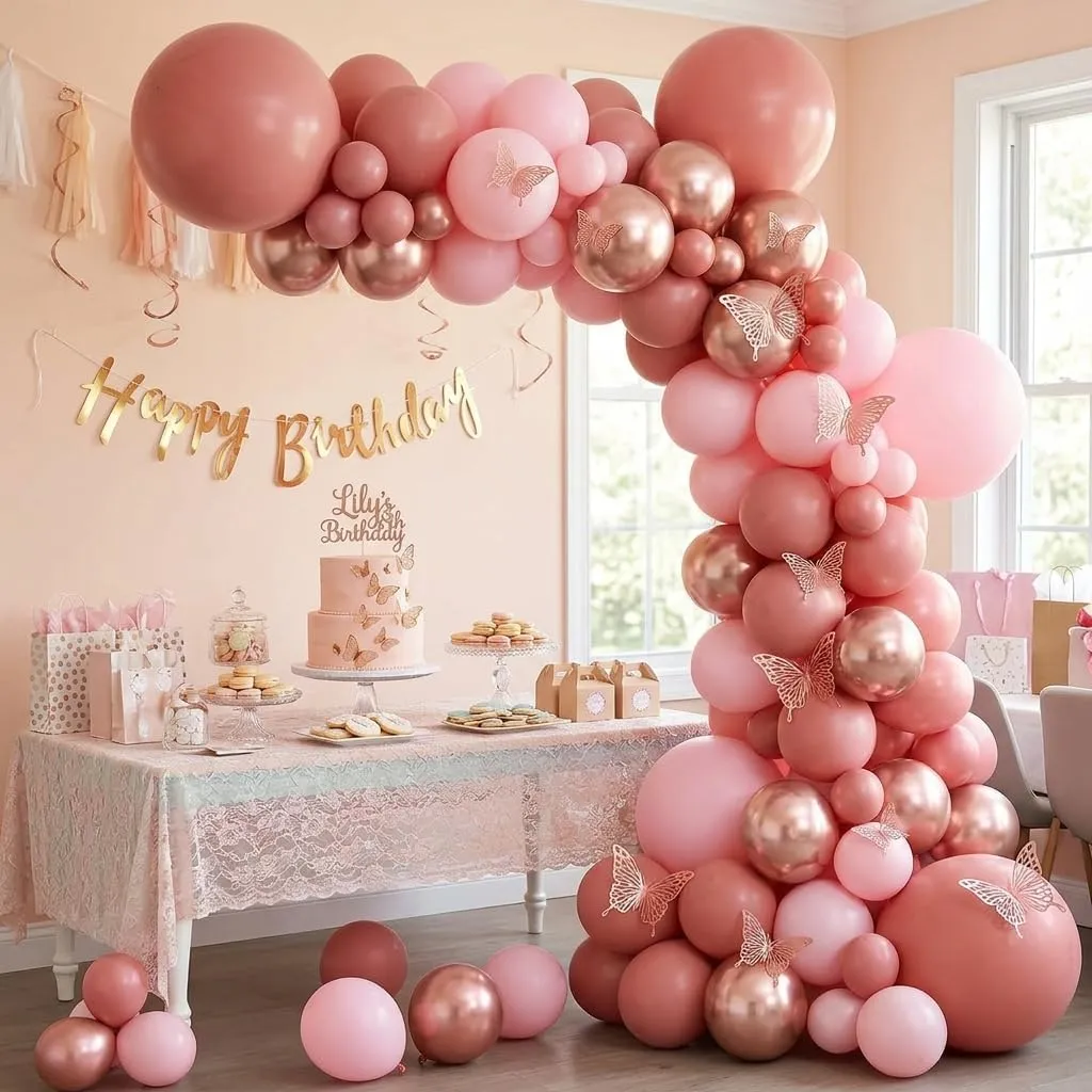 Netnology Kit Arco Palloncini Rosa Farfalla, 101 Pezzi Ghirlanda Oro Rosa con Adesivi a Farfalla e Accessori per Montaggio - immagine 3