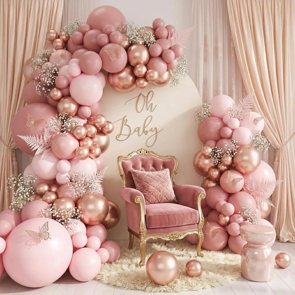 Netnology Kit Arco Palloncini Rosa Farfalla, 101 Pezzi Ghirlanda Oro Rosa con Adesivi a Farfalla e Accessori per Montaggio - immagine 6